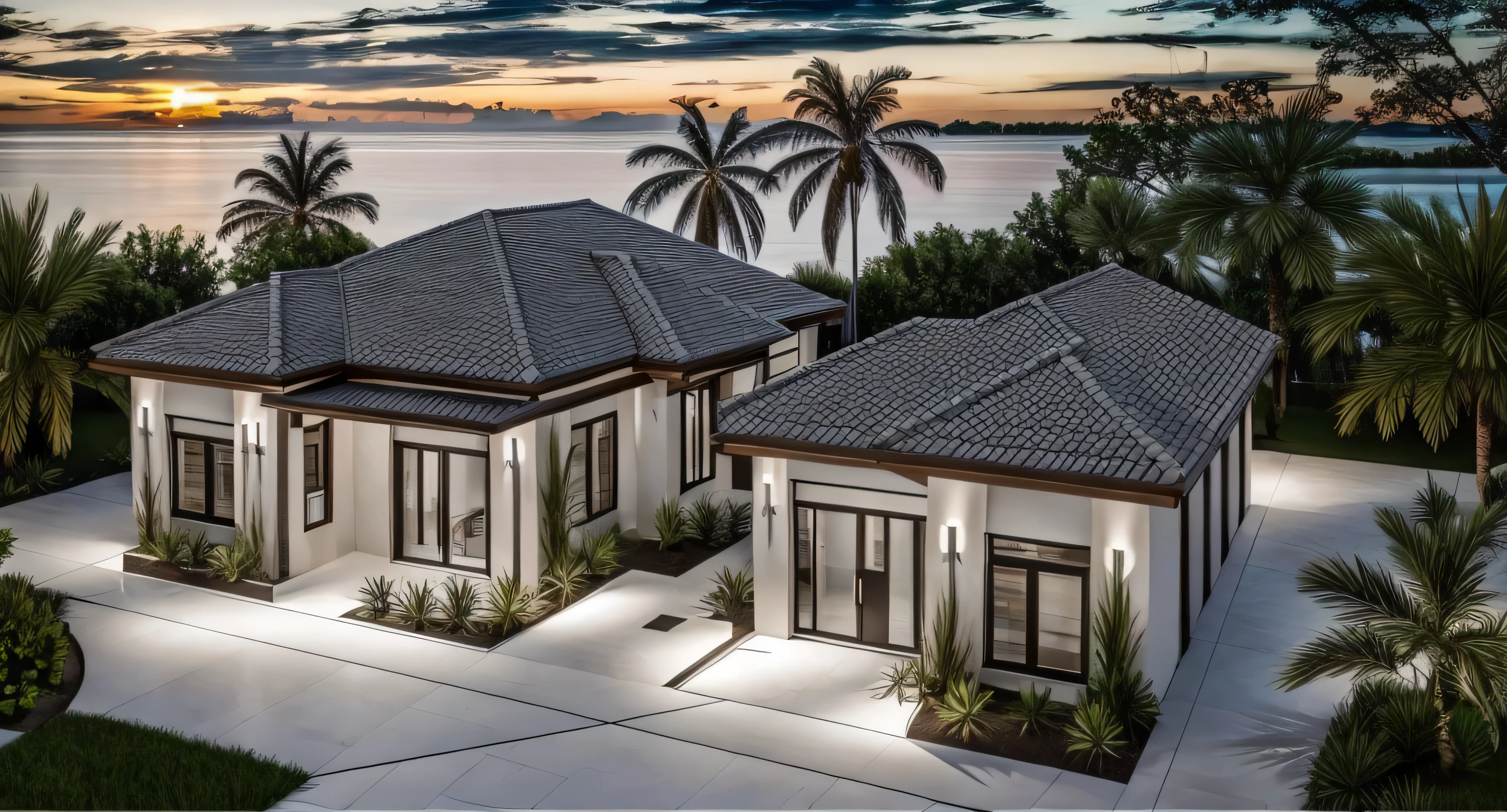 RAW photo,Masterpiece, high quality, best quality, super detail, townhouse, modern house with (tile wall:1.2), glass windows, (wooden ceiling:1.1), railing glass, main door conwood,tropical trees, beautifu sky,sunset, (high detailed :1.2), 16k uhd, dslr, soft lighting, high quality, film grain, 3dmax vray