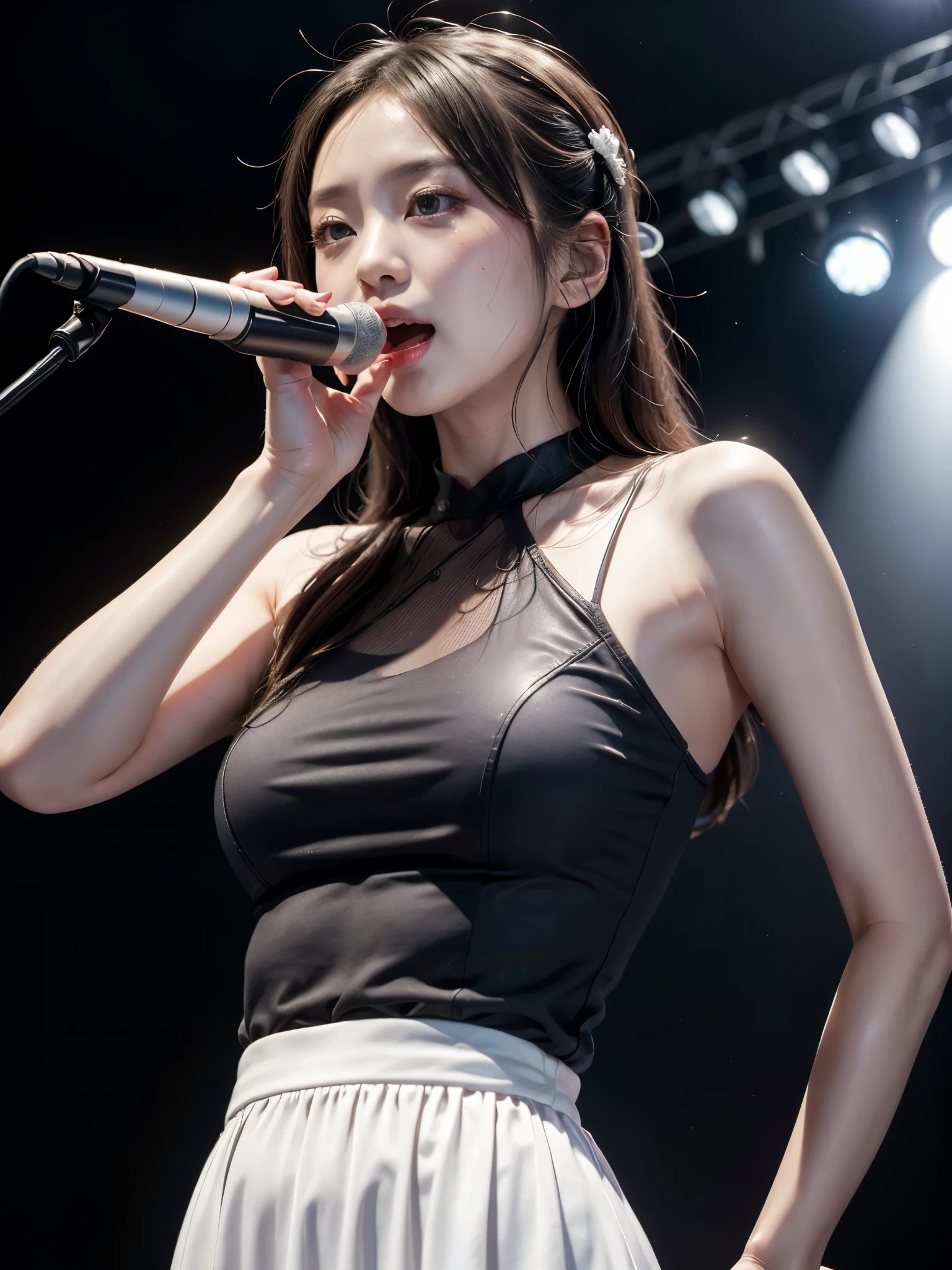 Arafe woman in black and white costume singing into microphone, Chiho, shikamimi, harumi, eat and drink, Photographed with canon eos 5d, rorish, perform on stage, Photographed with Canon EOS 5D, Photographed with Canon EOS 5D, Photographed with Canon EOS R6, Ai Yazawa, concert photos, cute core