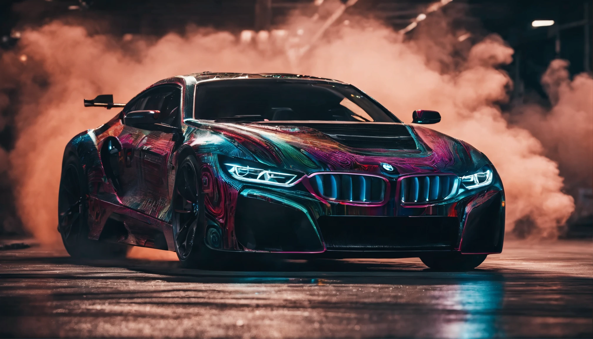 In this captivating image, a sports car embodies power and dynamism. Her gaze exudes determination, and her figure radiates confidence, creating a perfect contrast to the potency of the sports car.Behind the car unfolds a swirl of colorful smoke, adding an extra layer of dynamism and mystery to the scene. This array of multicolored smoke not only frames the car but also symbolizes energy and motion, enveloping this thrilling moment.This picture captures attention and conveys not only beauty and style but also the excitement and adrenaline associated with the world of sports bmw.