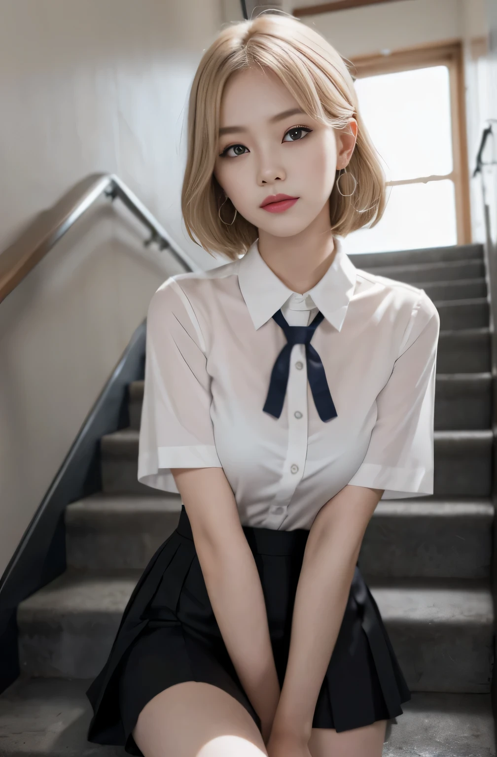 gray eyes, korean , summer shirt, ribbon tie, Korean student tight skirt, bright blonde, school stairs, going down school stairs, Pose that sticks out the chest, Breast-revealing pose, 8k RAW photo, High resolution, cool korean, very big round breasts, Beautiful eyes in detail, long eyelashes, beautiful double eyelids, eye shadow, eyeliner, cut eye, elongated eye shape, Three white eyes, evil smile, evil look, very slender and beautiful legs, Beautiful very thin thighs, random medium hair, hair tied at the back of the head, earrings,