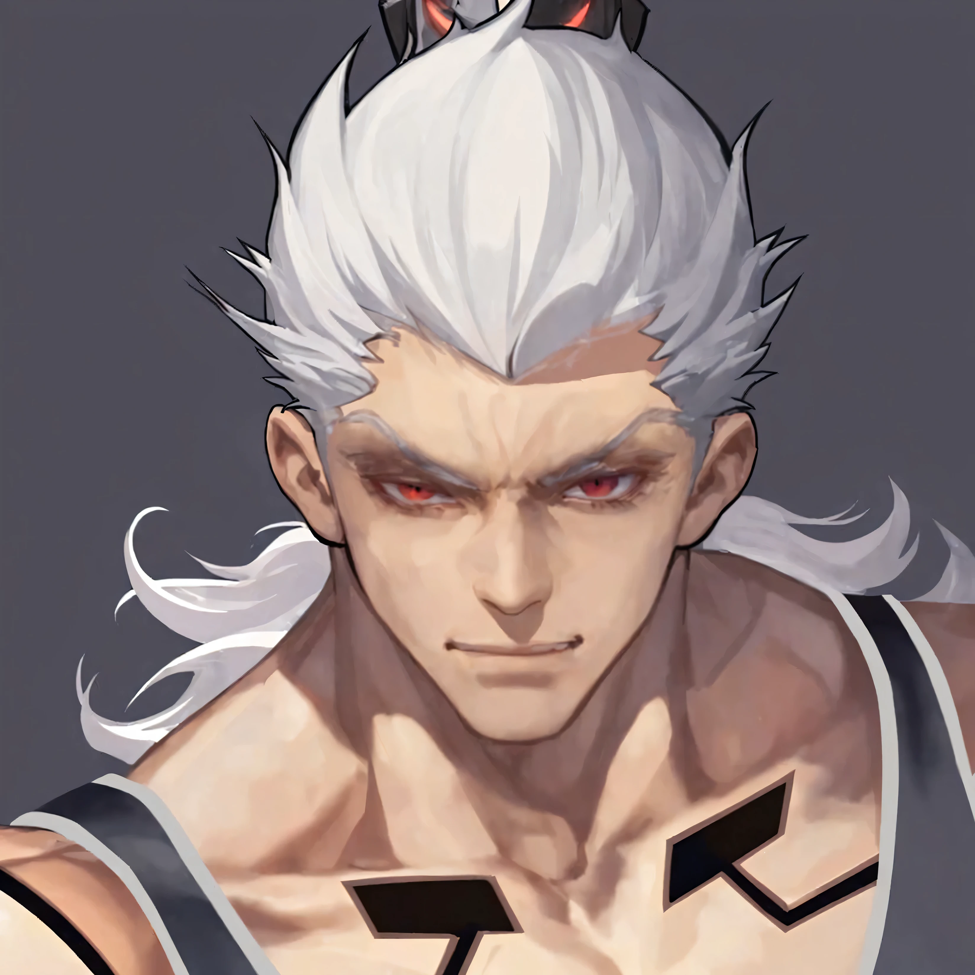 A man with white hair,determined eyes,Smile,Tough jawline,red eyes,Evil Smile,Macho man,Angular cheekbones