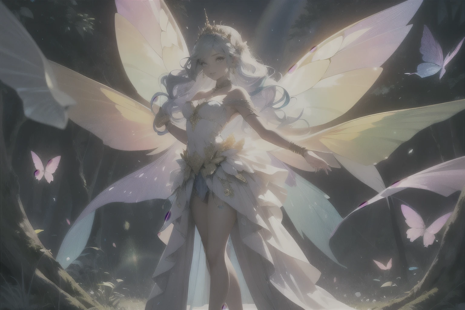 beautiful fairy with rainbow wings, standing, (caressing a white unicorn), big wings , in a deep forest, volumetric light, iridescent light, full body close-up, light through the wings casts a (rainbow-colored volumetric light: 1.5), (masterpiece: 1,2), (best quality: 1.2), newest, AI generated, intricate details, perfect anatomy, detailed perfect hands,very long hair, dynamic hair, earrings, tiara, choker, bracelets, in reflective gold, luminous details, intricate details in gold, big butterflies flying around