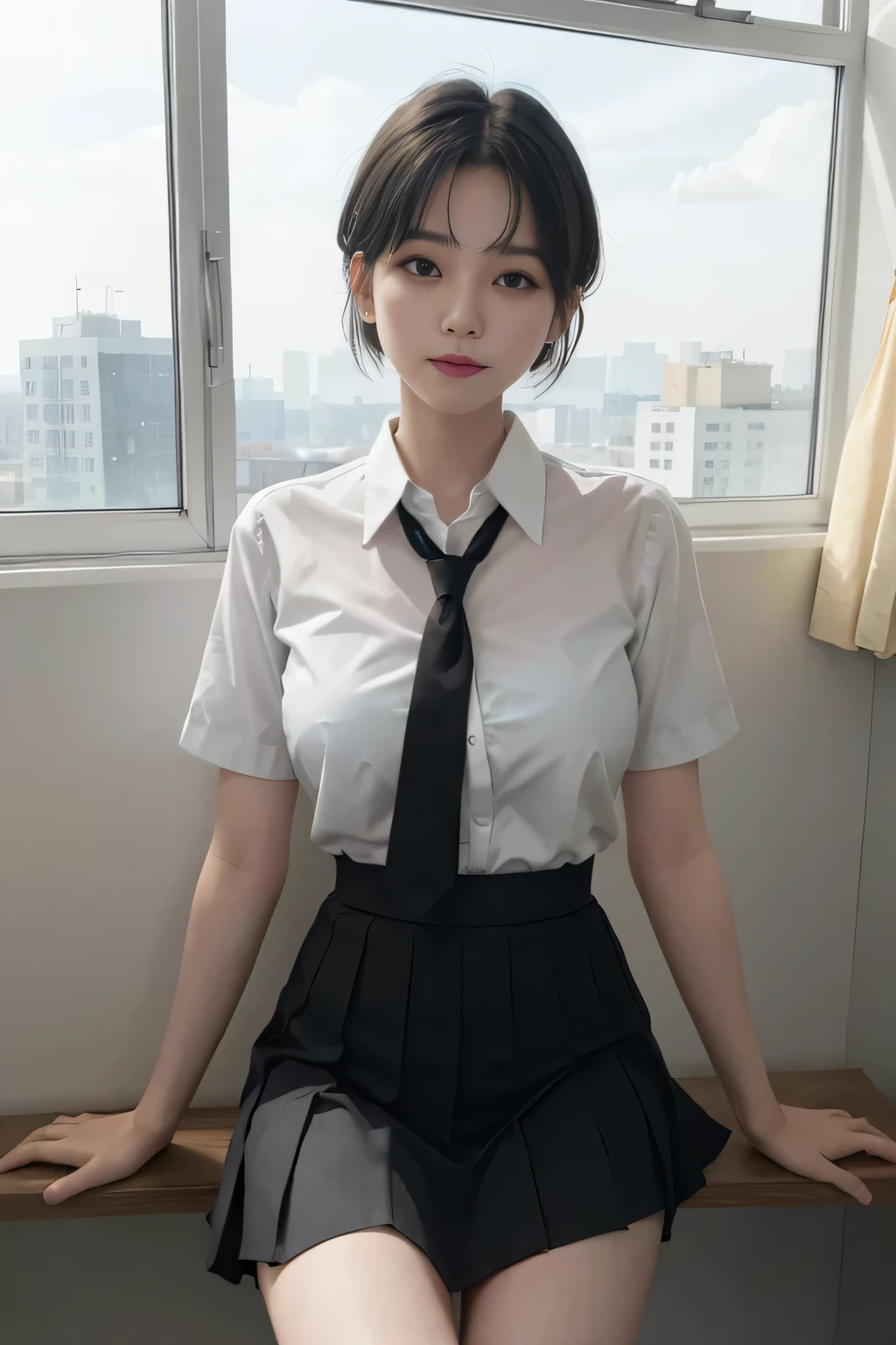Korean ,summer clothes shirt,ribbon tie,skirt,school classroom,school stairs,Pose that stretches your chest, expression posture,8K RAW Photo,High resolution,cool Korean at 16 yeabig round breasts,Beautiful detail,long eyelashes,beautiful double eyelids,eye shadow,eyeliner,cut eye,elongated eye shape,Three white eyes,evil smile,evil look, very slender and beautiful legs,Beautiful very thin thighs,random short hair,hair tied at the back of the head,big circle earringessy short hair),with gray eyes(with black curly hair)