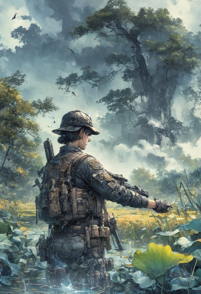 boy, shooter, field, ink style, best quality, masterpiece, very aesthetic, perfect composition, intricate details, ultra-detailed, Animagine