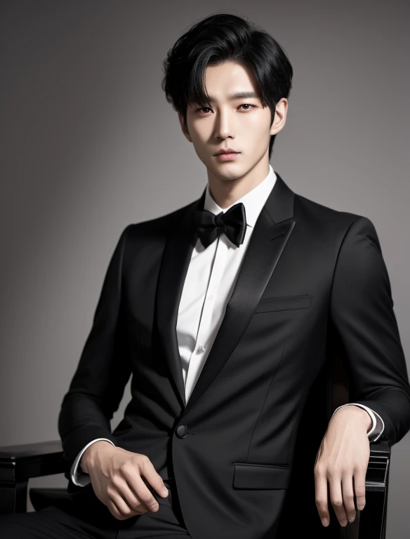 Korean male model,high quality, potrait,suit all black,handsome,got,