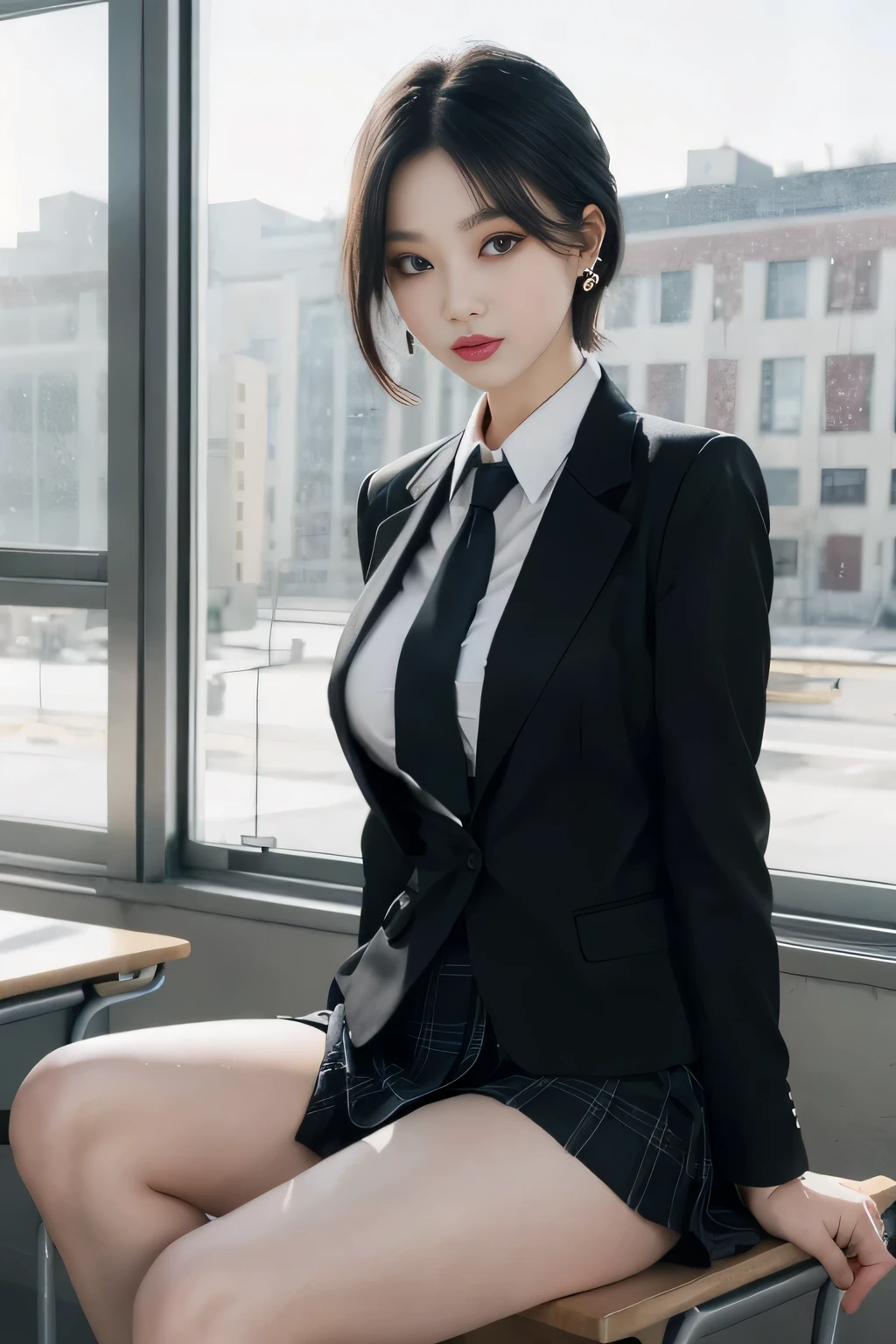 8k RAW photo, High resolution, 21 year old cool korean, big round breasts, , tie, tie ribbon, blazer, skirt, Beautiful eyes in detail, long eyelashes, beautiful double eyelids, eye shadow, long slit eyes, Three white eyes, dark eye makeup, evil smile, beautiful thin legs, short hair tied back, earrings, school classroom