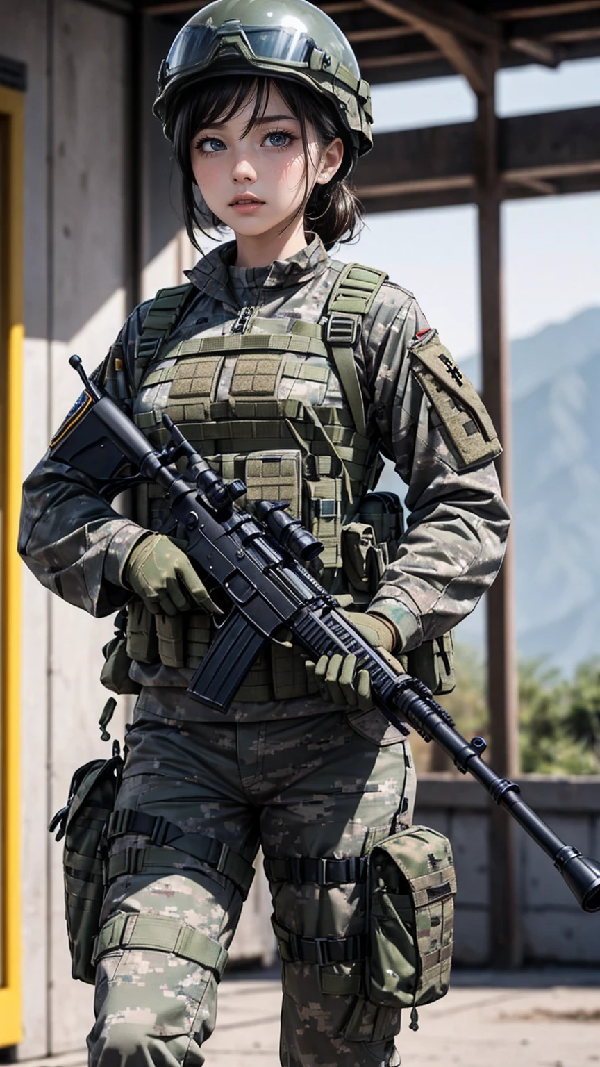 female soldier、On patrol duty、There's a sense of tension、It's tense、On alert、Equip tactical equipment、Wearing a helmet、Hold a rifle