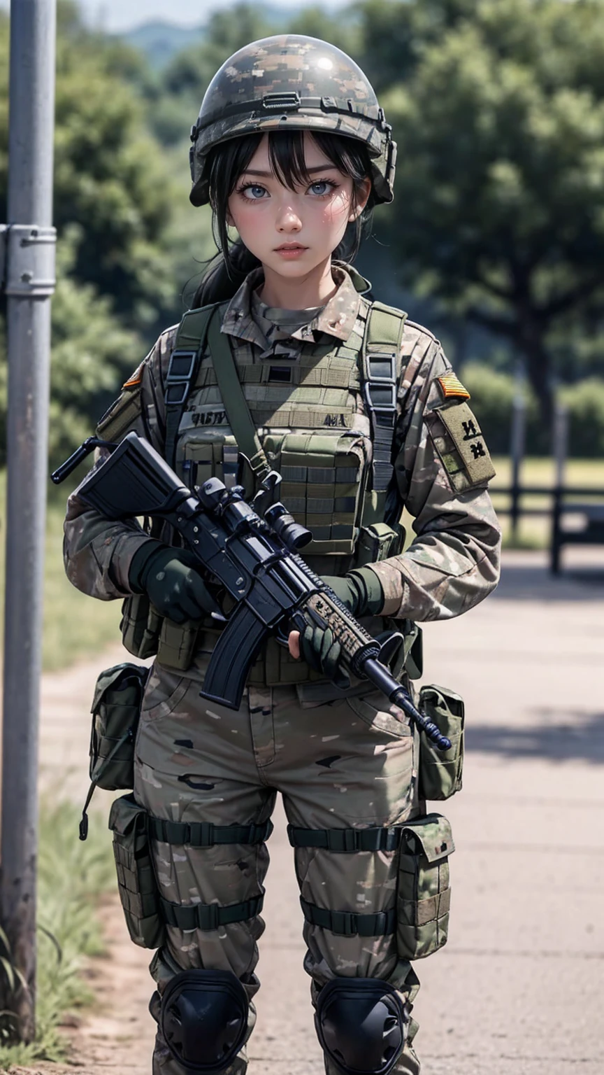 female soldier、On patrol duty、There's a sense of tension、It's tense、On alert、Equip tactical equipment、Wearing a helmet、Hold a rifle