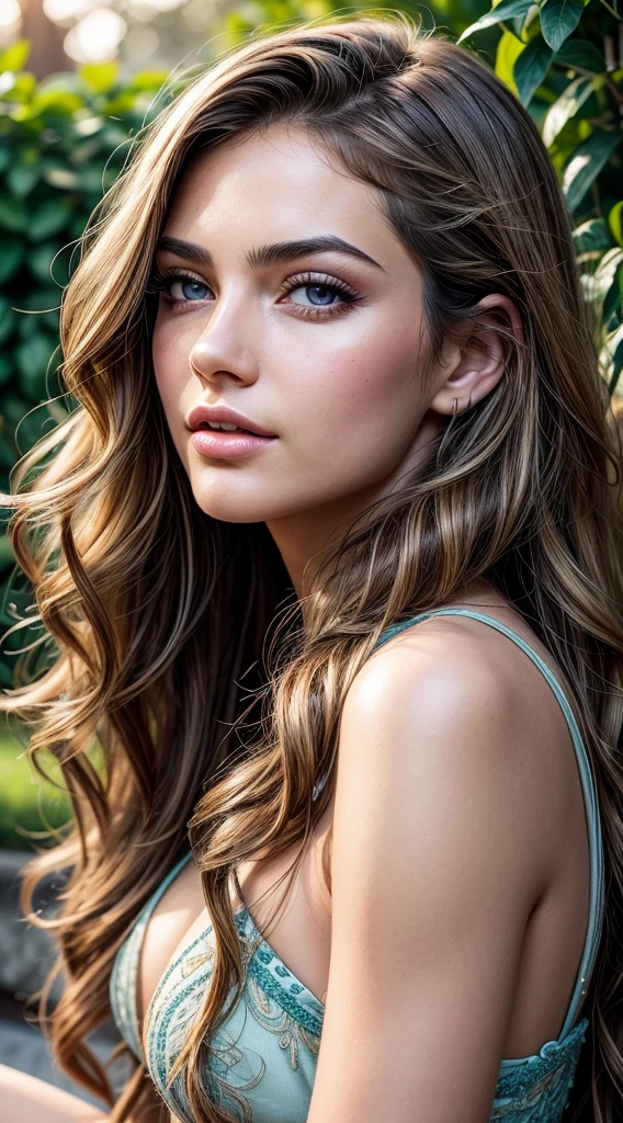 best quality,professional,ultra-detailed,realistic,portrait,beautiful,detailed eyes,detailed lips,young face,tender expression,long wavy hair,slim body,garden background,vibrant colors,warm lighting