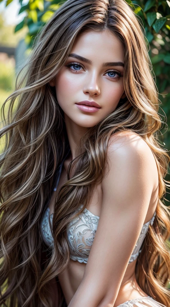 best quality,professional,ultra-detailed,realistic,portrait,beautiful,detailed eyes,detailed lips,young face,tender expression,long wavy hair,slim body,garden background,vibrant colors,warm lighting