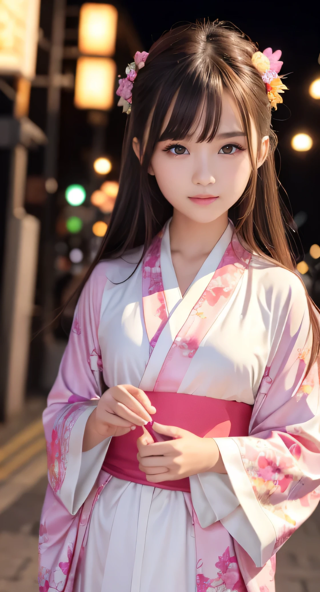 Angelic very beautiful cute young girl,
Beautiful detailed eyes, ( yo:1.3),
Detailed double eyelids,
(Soft Saturation: 1.3),
(Fair skin: 1.3),v-line jaw,
(Large eyes:1.4),
Long straight brown hair,
see-through bangs,
Sharp Focus,
beautiful detailed face and eyes,
drooping eyes,
small straight nose,
small mouth,
happy smiling with visible teeth, 85mm lens, F/8.0,BREAK (Super gorgeous flashy colored long sleeves kimono:1.5), (beautiful classical pattern furisode:1.3) , Walking,Brown hair ,(Costumes with strong reflective surfaces:1.3),
(Best Quality:1.2),
Raw photo,
High resolution,
perfect detail,
Professional Photography,
Professional Lighting,
Powerful lighting of the costume,In the street