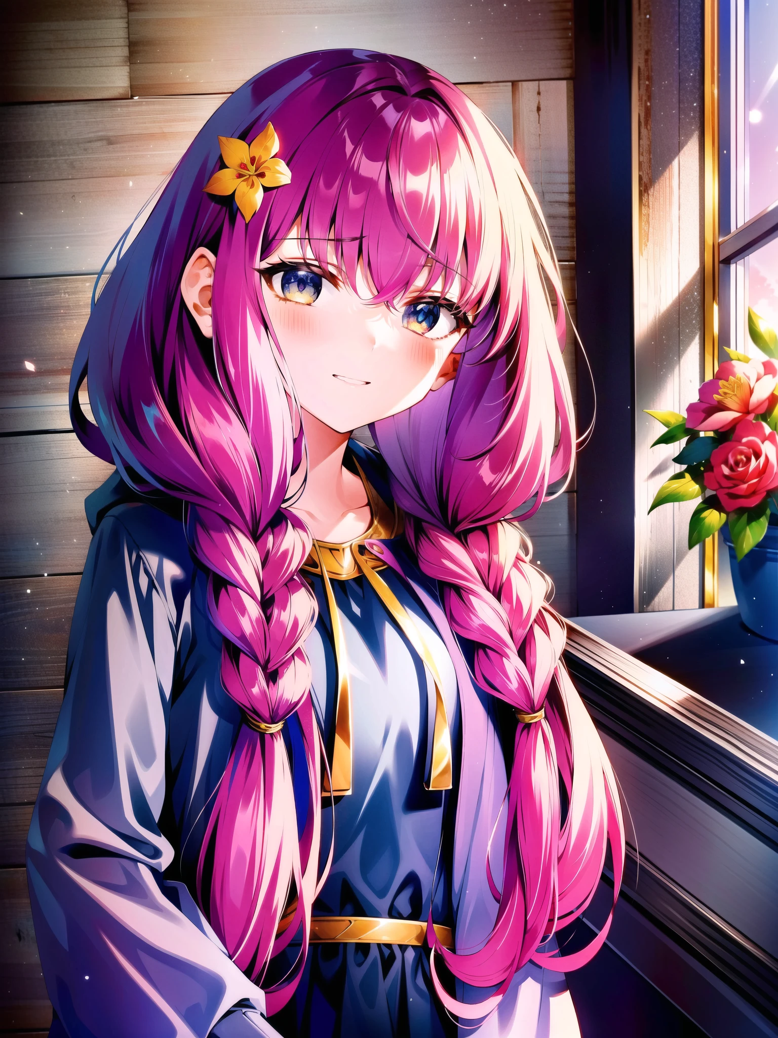 
kahka1、1 girl、flower、Virtual YouTuber、solo、Braid、rose、hood、ツインBraid、赤いflower、pink hair、hoodダウン、ピンクのflower、long hair、ピンクのrose、赤いrose、ribbon、long sleeve