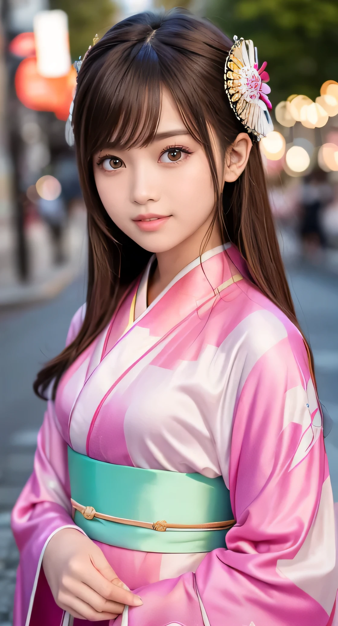 Angelic very beautiful cute young girl,
Beautiful detailed eyes, (14 yo:1.3),
Detailed double eyelids,
(Soft Saturation: 1.3),
(Fair skin: 1.3),v-line jaw,
(Large eyes:1.4),
Long straight brown hair,
see-through bangs,
Sharp Focus,
beautiful detailed face and eyes,
drooping eyes,
small straight nose,
small mouth,
happy smiling with visible teeth, 85mm lens, F/8.0,BREAK (Super gorgeous flashy colored long sleeves kimono:1.5), (beautiful classical pattern furisode:1.3) , Walking,Brown hair ,(Costumes with strong reflective surfaces:1.3),
(Best Quality:1.2),
Raw photo,
High resolution,
perfect detail,
Professional Photography,
Professional Lighting,
Powerful lighting of the costume,In the street