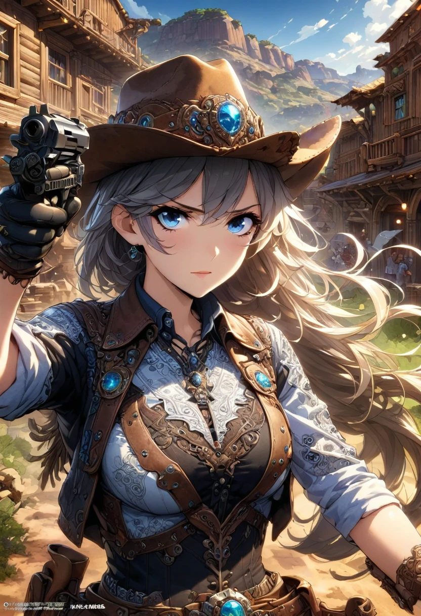 girl, shooter, Western Cowgirl, (masterpiece, best quality, perfect composition, very aesthetic, absurdres, ultra-detailed, intricate details, Professional, official art, Representative work:1.3), (Animagine:0.01)