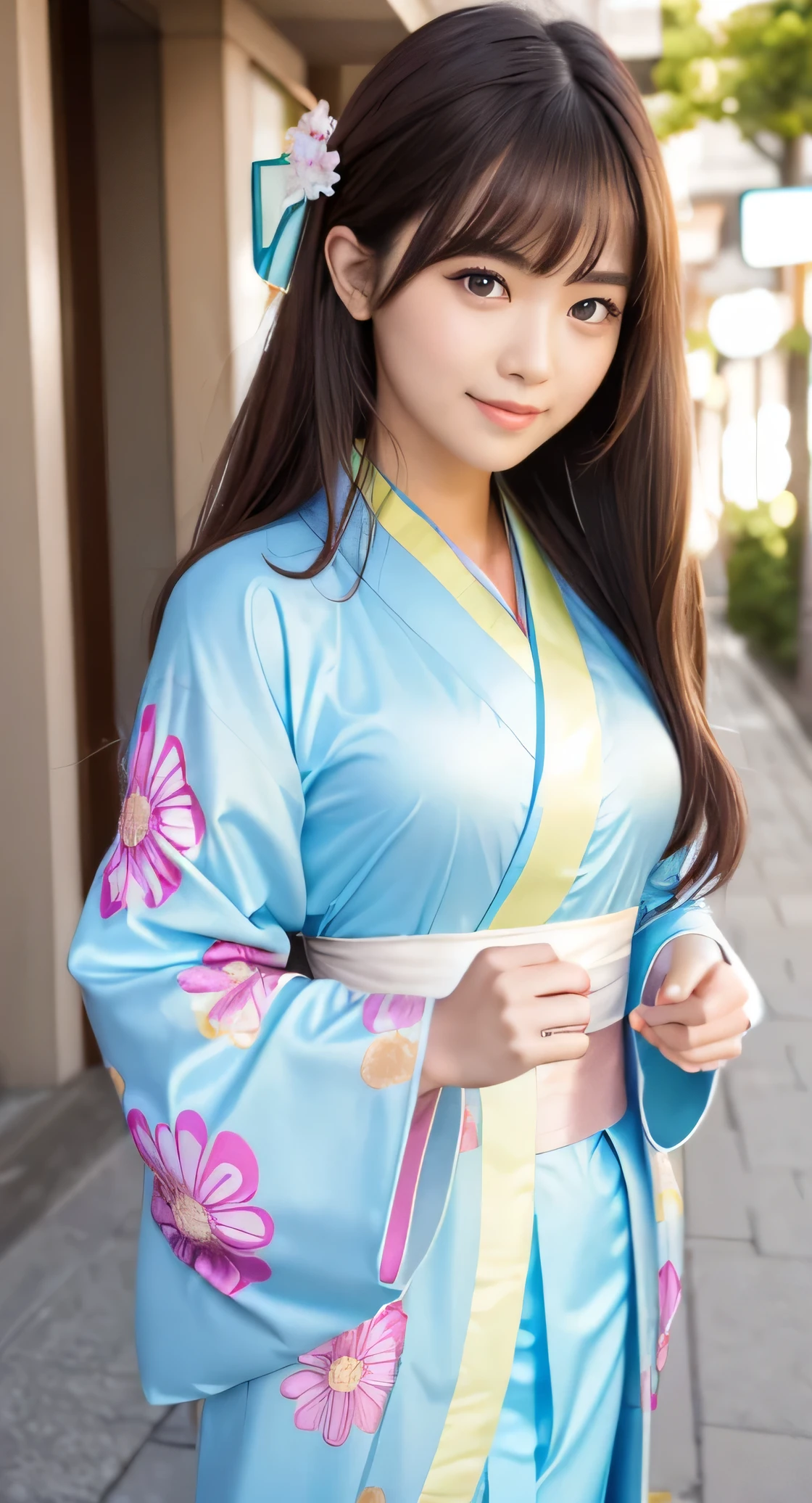 Angelic very beautiful cute young girl,
Beautiful detailed eyes, (14 yo:1.3),
Detailed double eyelids,
(Soft Saturation: 1.3),
(Fair skin: 1.3),v-line jaw,
(Large eyes:1.4),
Long straight brown hair,
see-through bangs,
Sharp Focus,
beautiful detailed face and eyes,
drooping eyes,
small straight nose,
small mouth,
happy smiling with visible teeth, 85mm lens, F/8.0,BREAK (Super gorgeous flashy colored long sleeves kimono:1.5), (beautiful classical pattern furisode:1.3) , Walking,Brown hair ,(Costumes with strong reflective surfaces:1.3),
(Best Quality:1.2),
Raw photo,
High resolution,
perfect detail,
Professional Photography,
Professional Lighting,
Powerful lighting of the costume,In the street