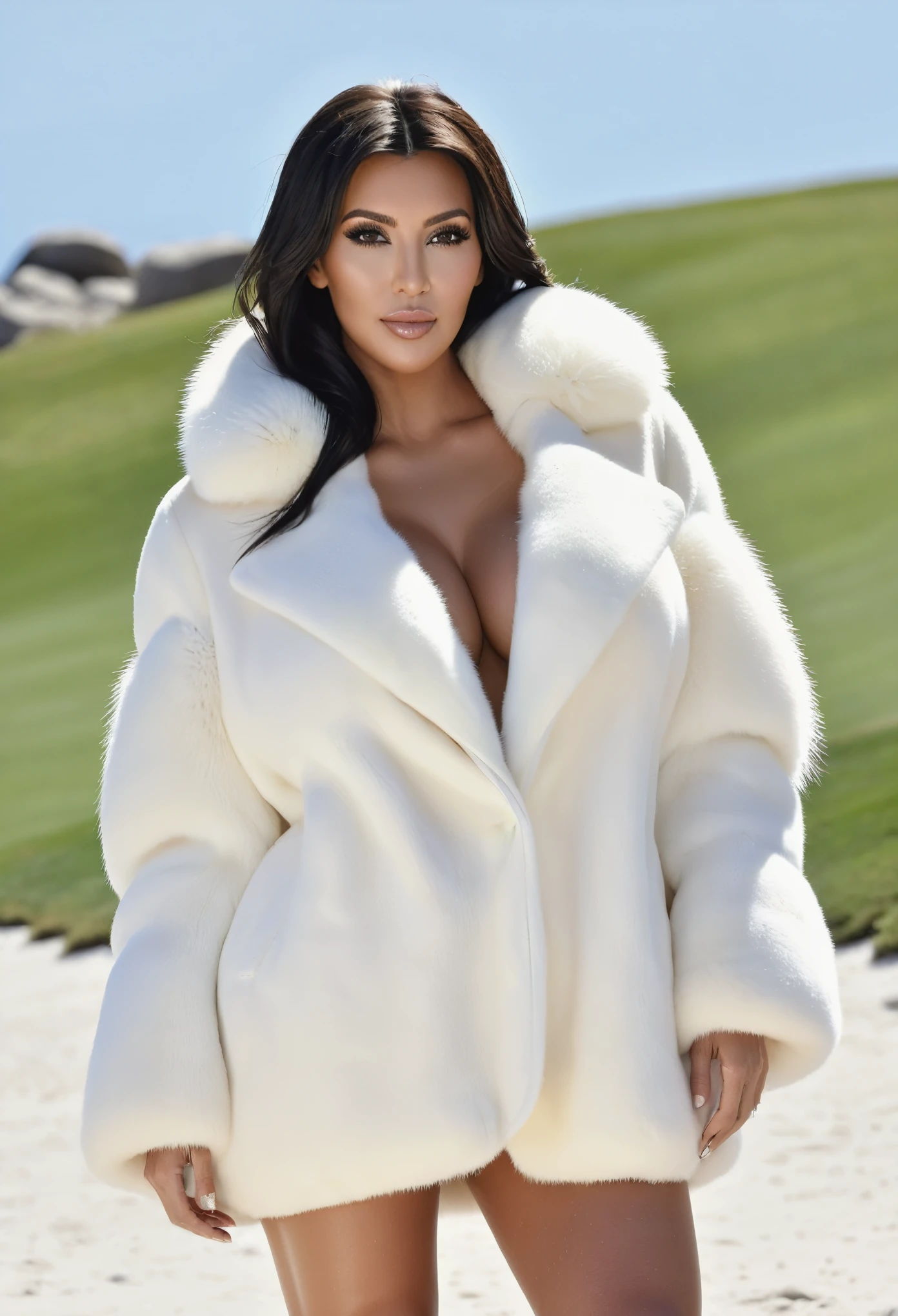 A very wide and very thick, manteau de fourrure en vison blanc, fifty centimeters thick, duveteux, naturel, with an ultra thick white mink fur collar, three layers, sur Kim Kardashian, fully nude profile view, bare shoulders, and two large breast discovered by the fur, at sunny Pebble Beach golf