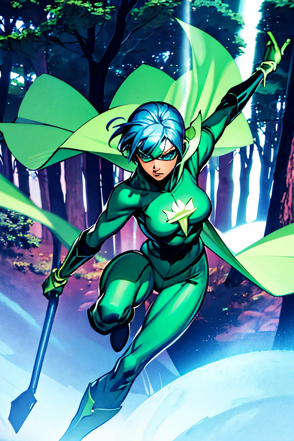 super hero girl with a mask, blue hair, green costume, power of leaf and tree, forest, cape, 3D, powerfull