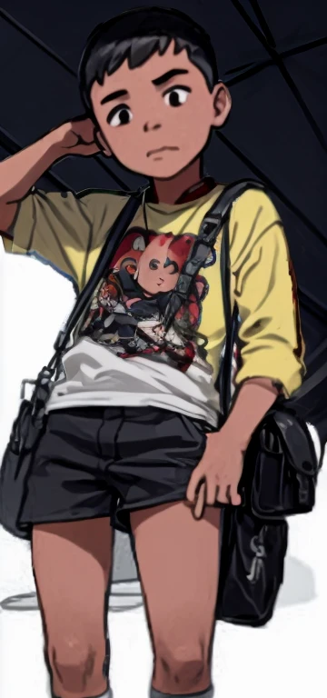 A 5th grade elementary school boy with an ugly shaved head is standing。