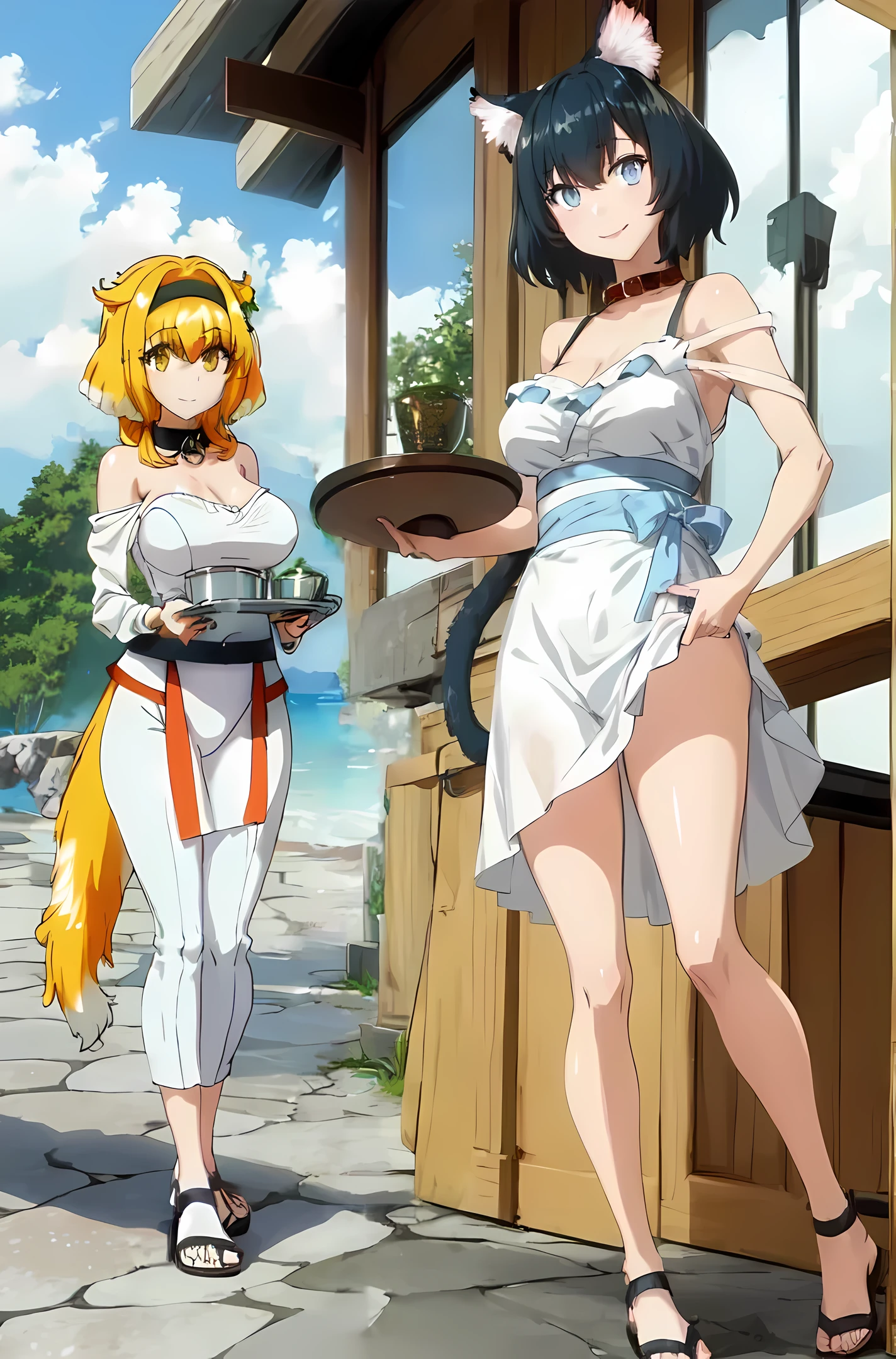 roxanne, (bridesmaid:1.4), (white dress:1.2), looking at viewer, smile, :), dog ears, long fluffy dog tail, sandals, holding a tray, collar, ocean view, stone path, trees, gold yellow eyes