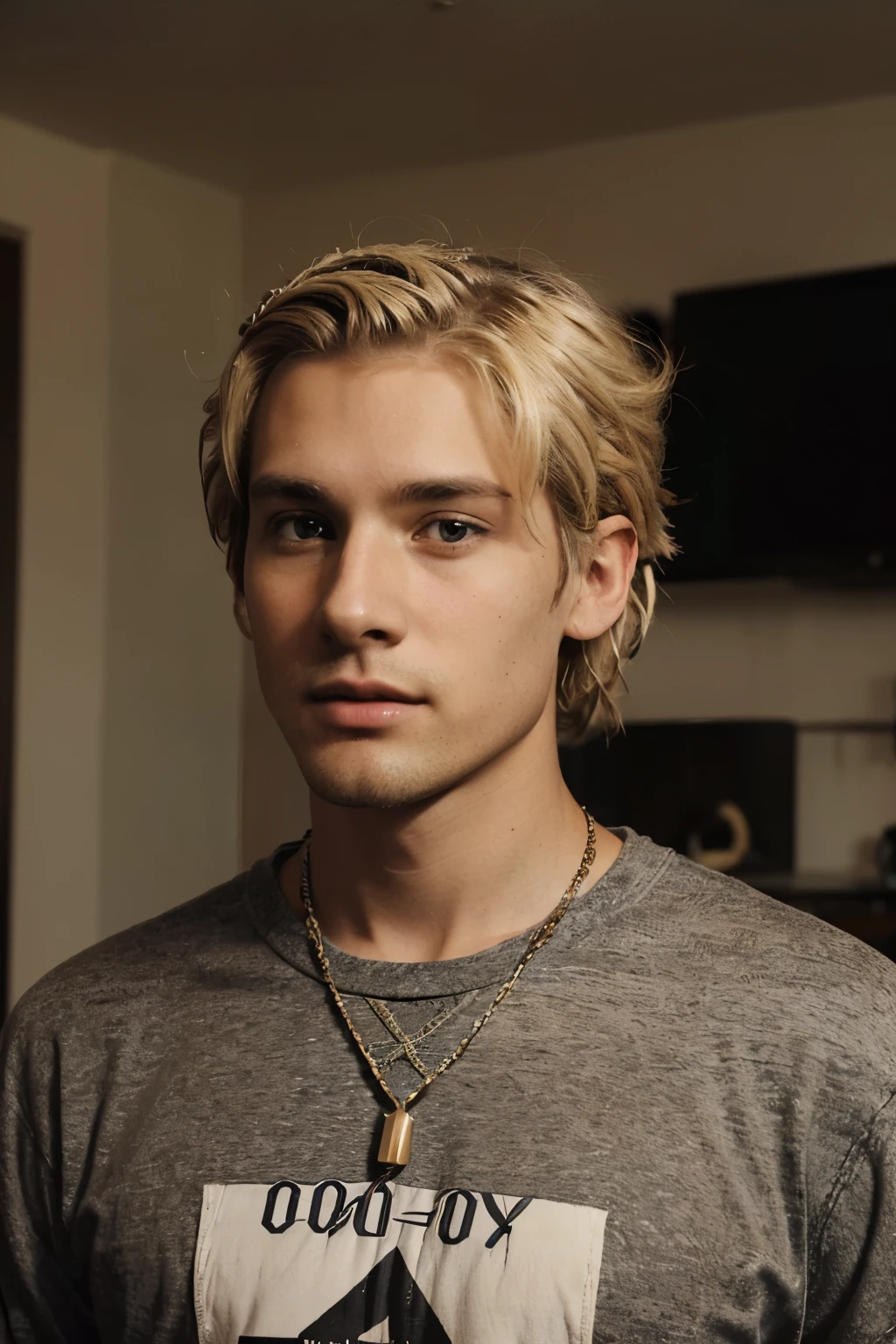 Little Wing, Wisconsin, 2014. A young ((((30-year-old)) Lee Bodecker)), tall, lean, angular jawline, stricking features, charismatic, free-spirited, at home living room, talking on the landline phone, ((sad expression)). ((((hipster clothings from the 2010s)))), ((unkempt stylish blonde hairstyle of the 2010s))