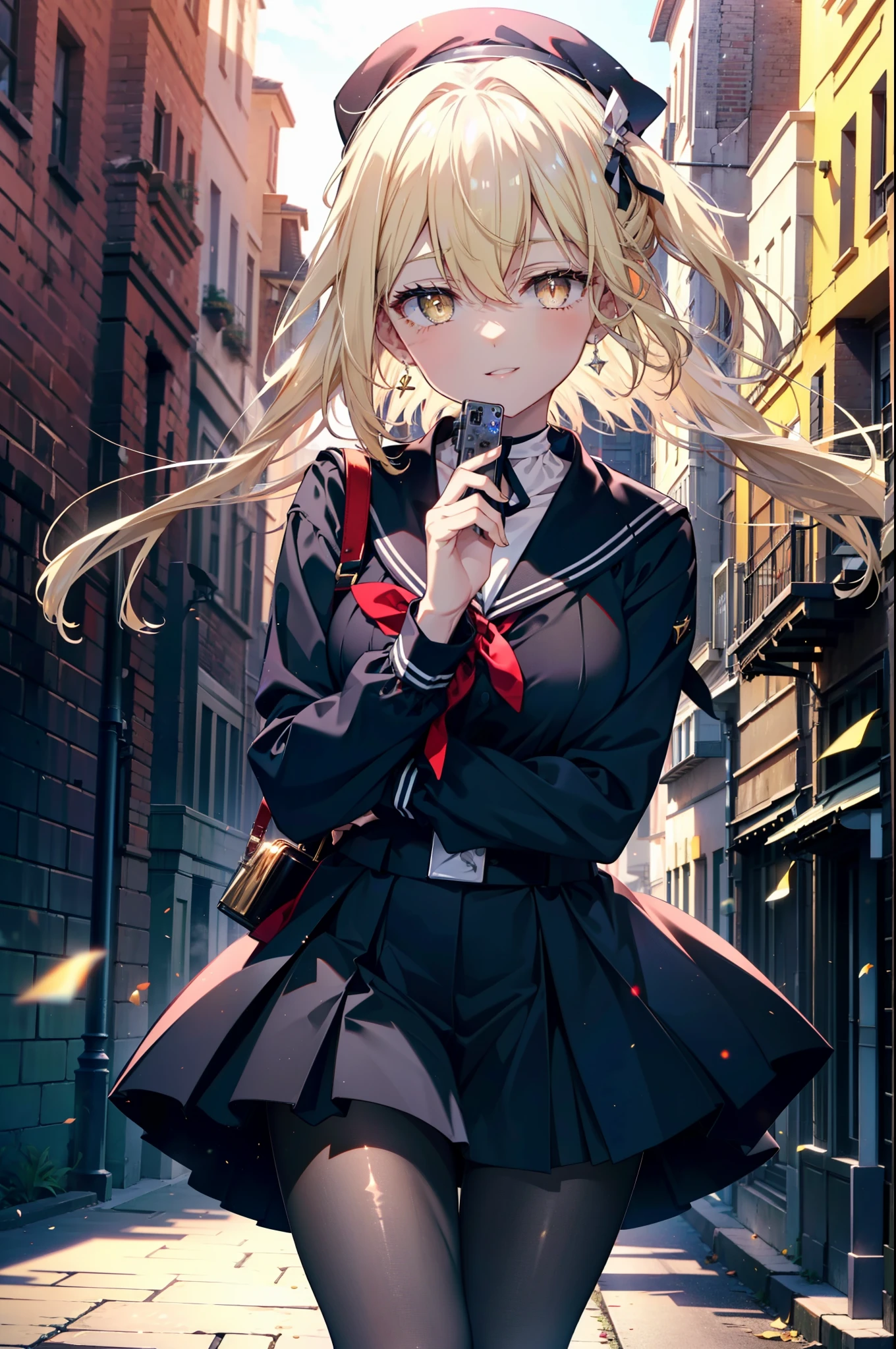 ice wallenstein, Behind Wallenstein, blonde hair, hair between eyes, hair band, long hair, (yellow eyes:1.5), happy smile, smile, open your mouth,black sailor suit,black pleated skirt,black pantyhose,brown loafers,evening,sunset,break looking at viewer, break outdoors,city,building street, break (masterpiece:1.2), highest quality, High resolution, unity 8k wallpaper, (shape:0.8), (fine and beautiful eyes:1.6), highly detailed face, perfect lighting, Very detailed CG, (perfect hands, perfect anatomy),