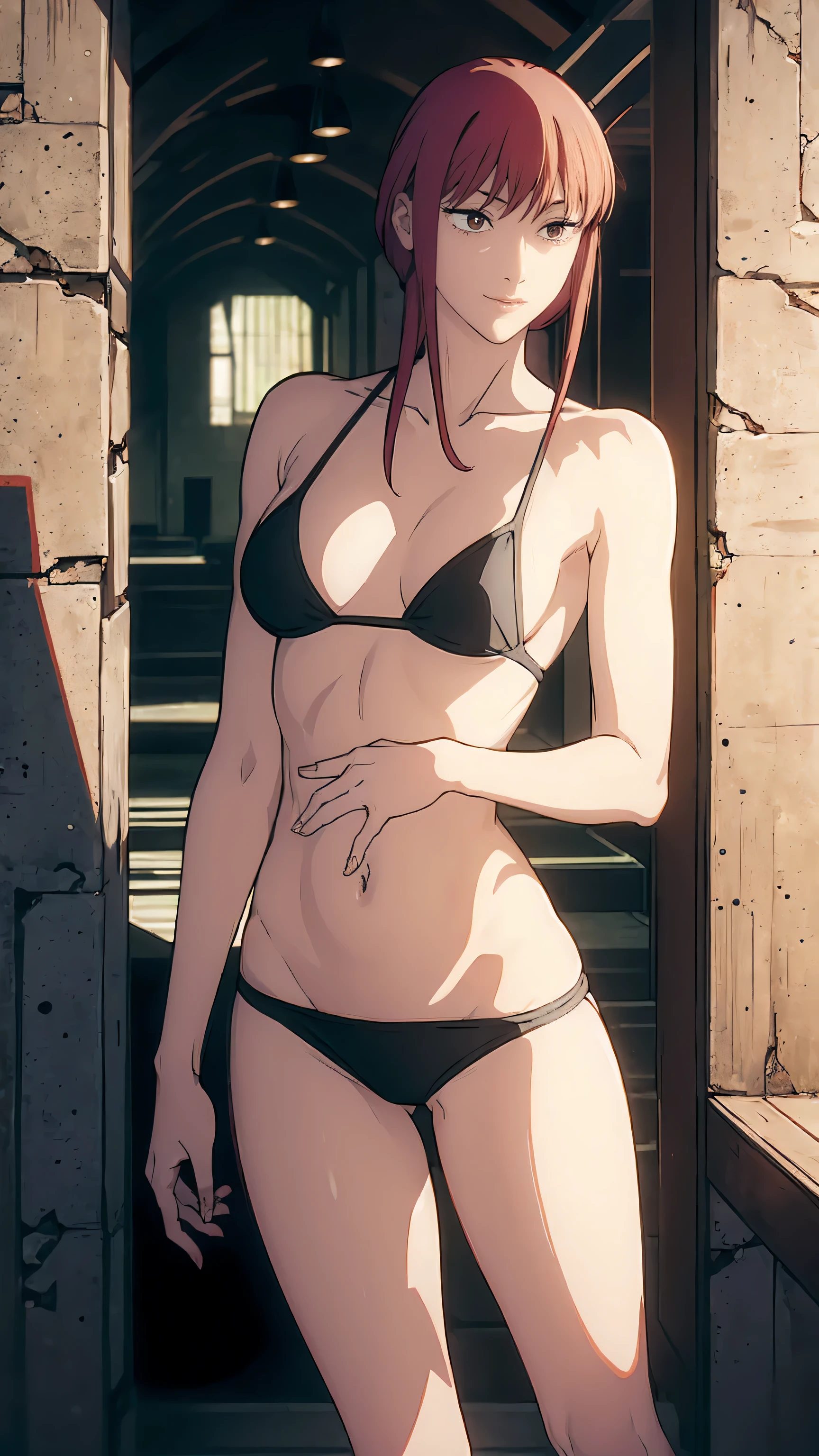 Masterpiece, best quality, high resolution, 1 woman, Makima , red hair , your face , smile , black bikini , abdomen , big breasts, Long legs , Barefoot , stand on your hips , wall , tunnel