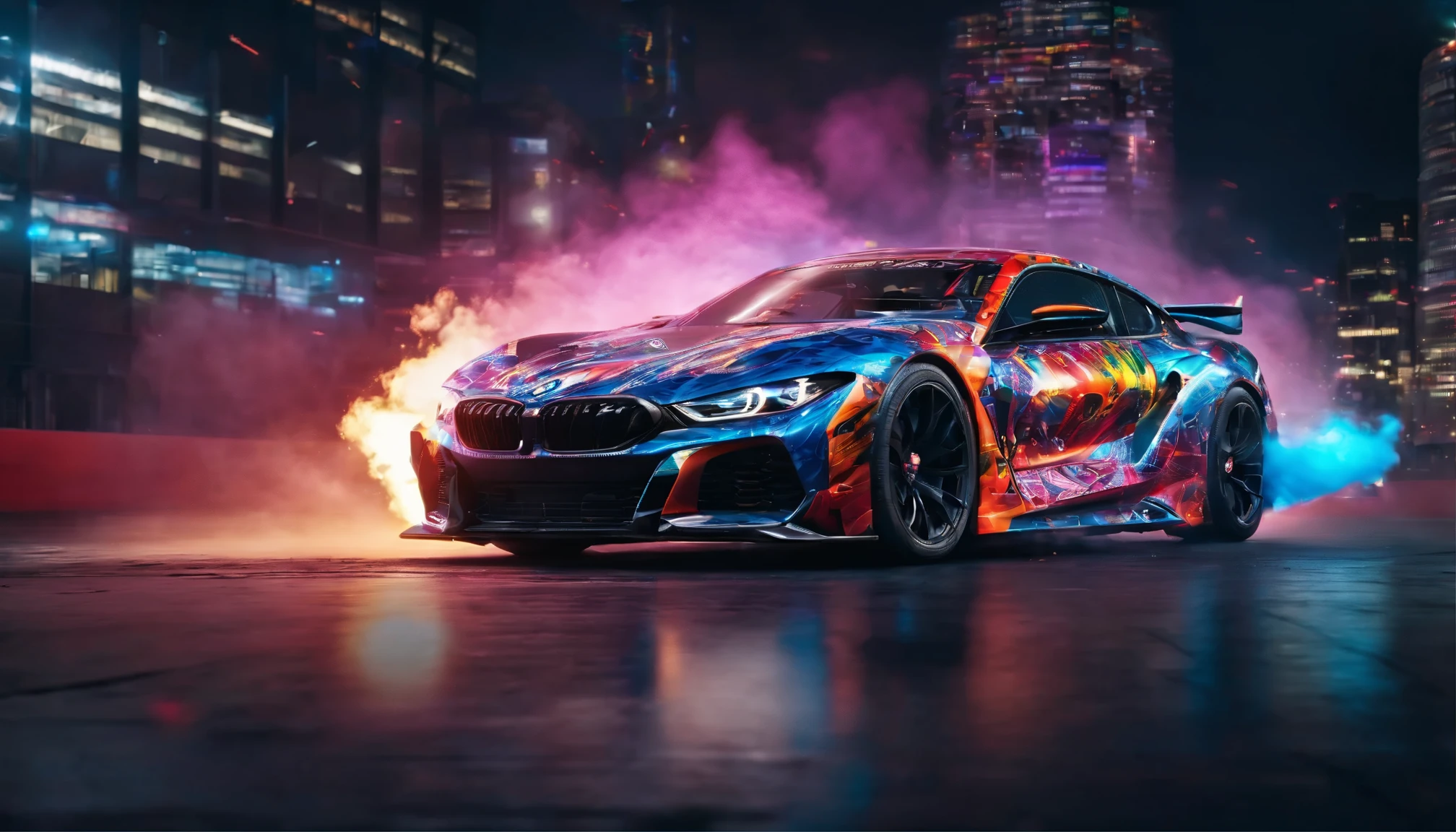In this captivating image, a sports car embodies power and dynamism. Her gaze exudes determination, and her figure radiates confidence, creating a perfect contrast to the potency of the sports car.Behind the car unfolds a swirl of colorful smoke, adding an extra layer of dynamism and mystery to the scene. This array of multicolored smoke not only frames the car but also symbolizes energy and motion, enveloping this thrilling moment.This picture captures attention and conveys not only beauty and style but also the excitement and adrenaline associated with the world of sports bmw.