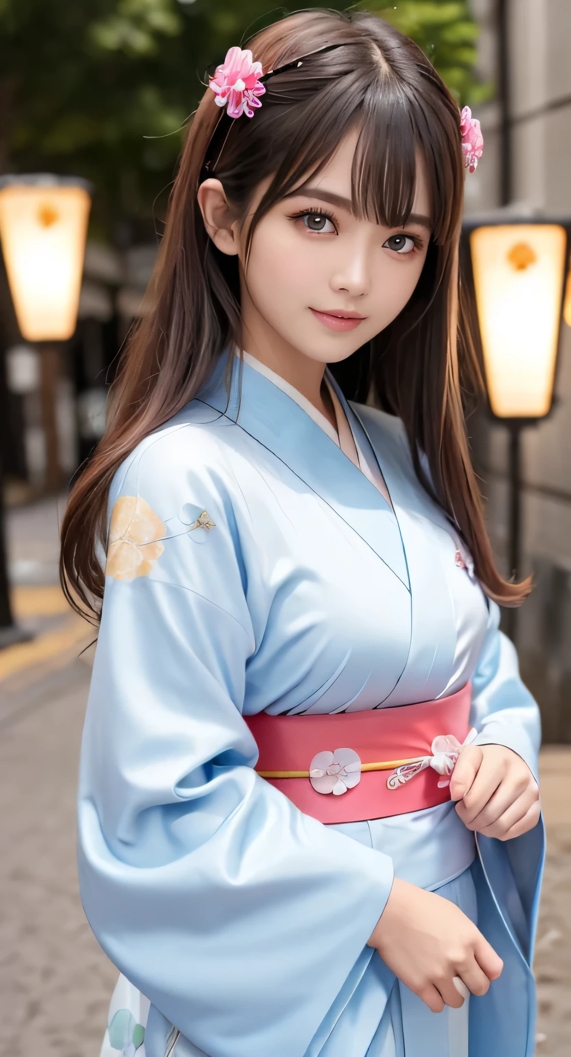 Angelic very beautiful cute young girl,
Beautiful detailed eyes, (14 yo:1.3),
Detailed double eyelids,
(Soft Saturation: 1.3),
(Fair skin: 1.3),v-line jaw,
(Large eyes:1.4),
Long straight brown hair,
see-through bangs,
Sharp Focus,
beautiful detailed face and eyes,
drooping eyes,
small straight nose,
small mouth,
happy smiling with visible teeth, 85mm lens, F/8.0,BREAK (Super gorgeous flashy colored long sleeves kimono:1.5), (beautiful classical pattern furisode:1.5) , Walking,Brown hair ,(Costumes with strong reflective surfaces:1.3),
(Best Quality:1.2),
Raw photo,
High resolution,
perfect detail,
Professional Photography,
Professional Lighting,
Powerful lighting of the costume,In the street