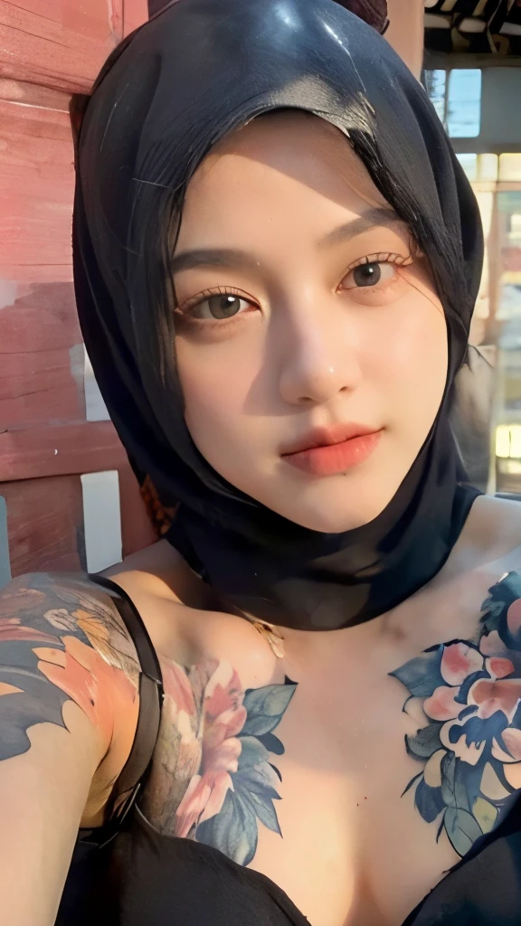 (ultra detailed background, ultra detailed face, ultra high quality, bokeh, 1280k), (ultra detailed eye, ultra detailed eyelid, beautiful eye), (beautiful lighting, ultra detailed lighting), 1girl, solo, huge breast, black bikini, mediumaquamarine hijab, tattoos, arm tattoos, shoulder tattoos, breast tattoos, floral print tattoos, chest tattoos, selfie, beach, hijab, daylight, looking at viewer, half-body, arm outstretched 