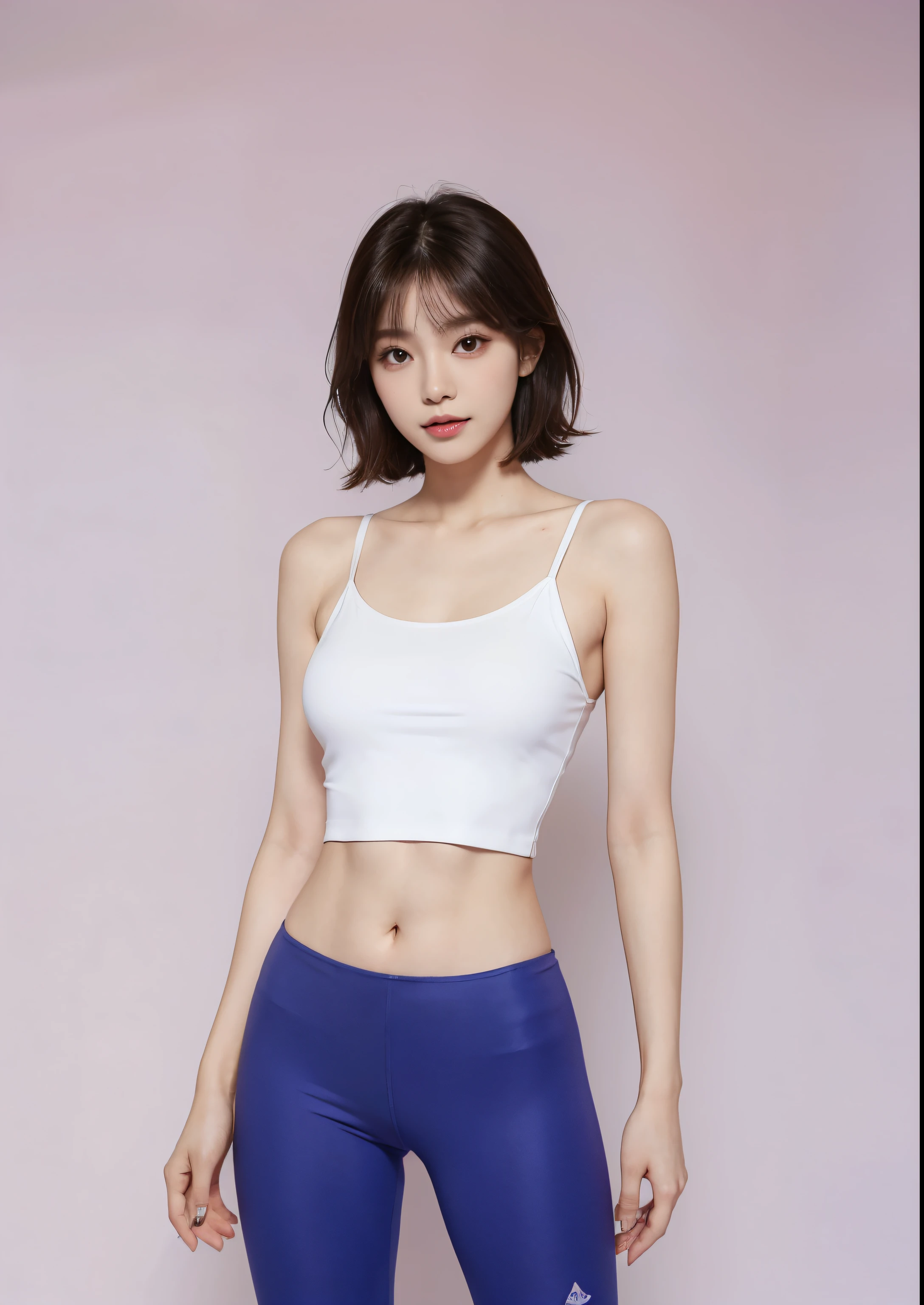 A woman wearing a white top and blue leggings poses for a photo, Gorgeous young Korean female breasts，Photo of slim girl model, Korean female fashion model, Beautiful Korean woman, Beautiful young Korean woman, Model with charming figure, Purple tight vest, Tzuyu from Twice, exercise well, Wearing a sexy crop top, smooth body features, Wearing a crop top