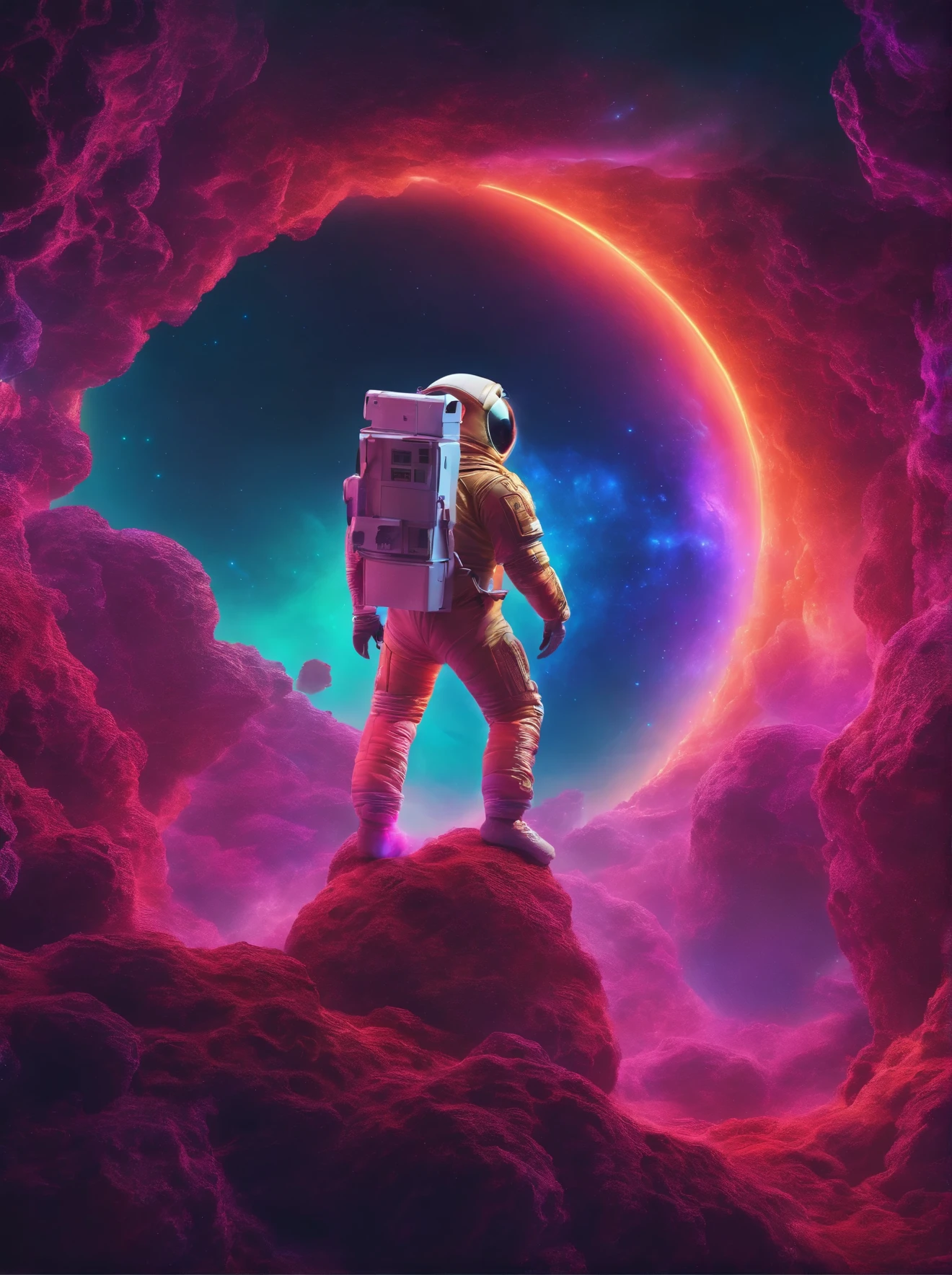 A cybernetic astronaut floats in a surreal landscape of neon fractals and glowing glyph patterns.