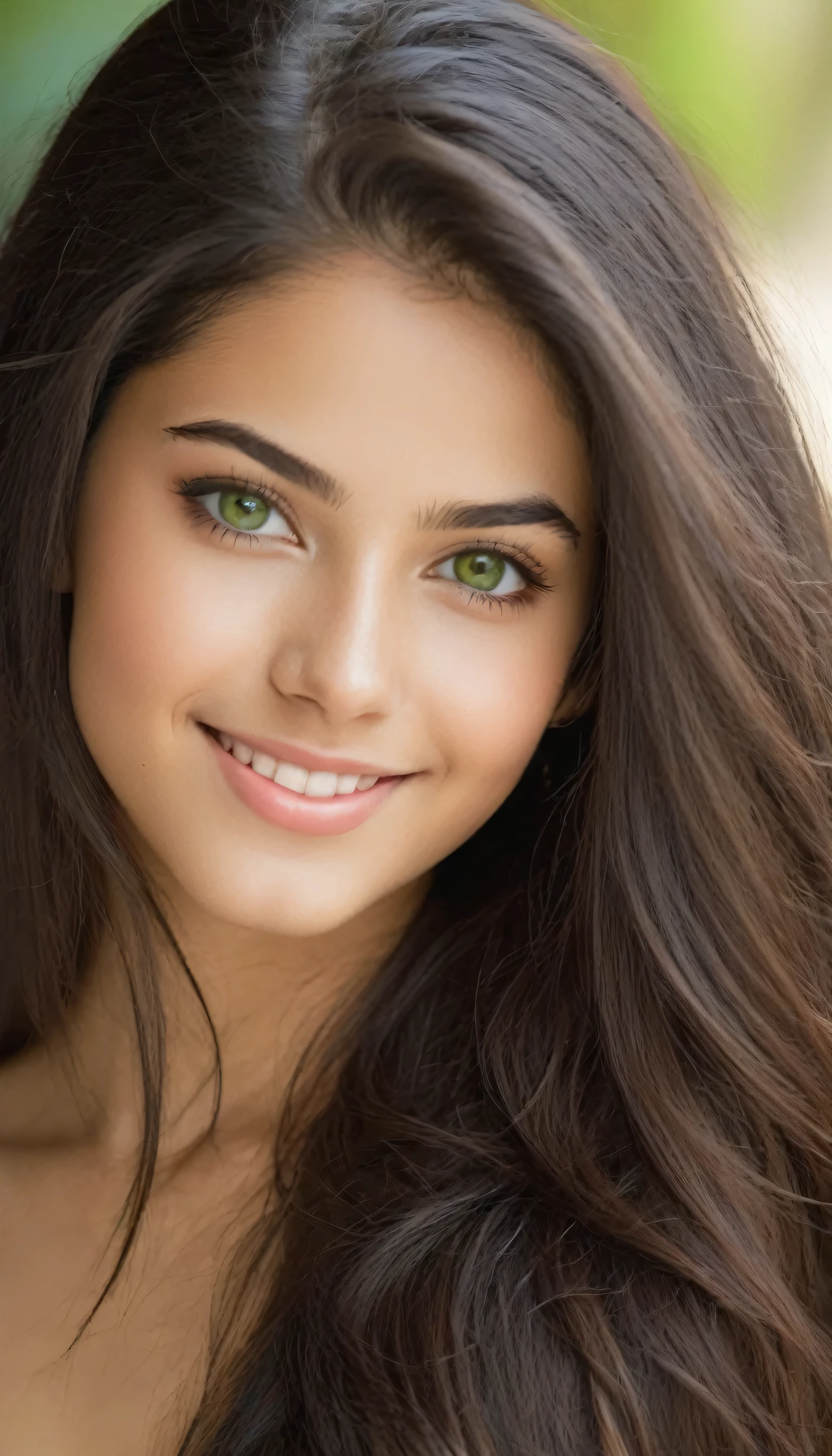 beautiful 20 years old Mexican girl, with a slim face, cute face, hot body, cute smile, beautiful green eyes, long dark luscious hair with side-parted hairstyle, hyper-detailed photography, soft light, head and shoulders portrait, pale skin