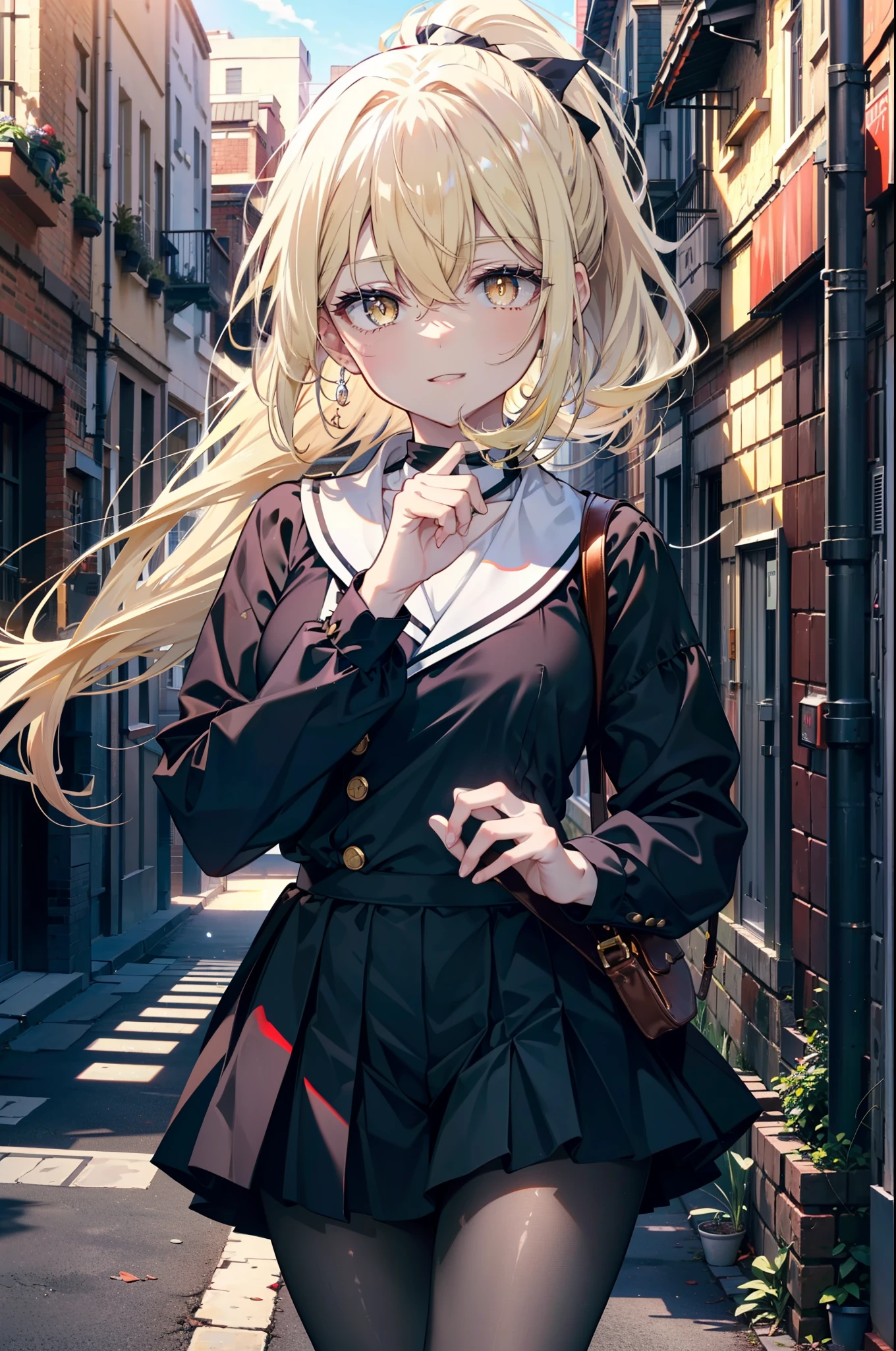 アイスWallenstein, Wallenstein, blonde hair, hair between eyes, hair band, long hair, (yellow eyes:1.5), ponytail,short braided hair,happy smile, smile, open your mouth,black sailor suit,black pleated skirt,black pantyhose,brown loafers,evening,sunset,break looking at viewer, break outdoors,city,building street, break (masterpiece:1.2), highest quality, High resolution, unity 8k wallpaper, (shape:0.8), (fine and beautiful eyes:1.6), highly detailed face, perfect lighting, Very detailed CG, (perfect hands, perfect anatomy),