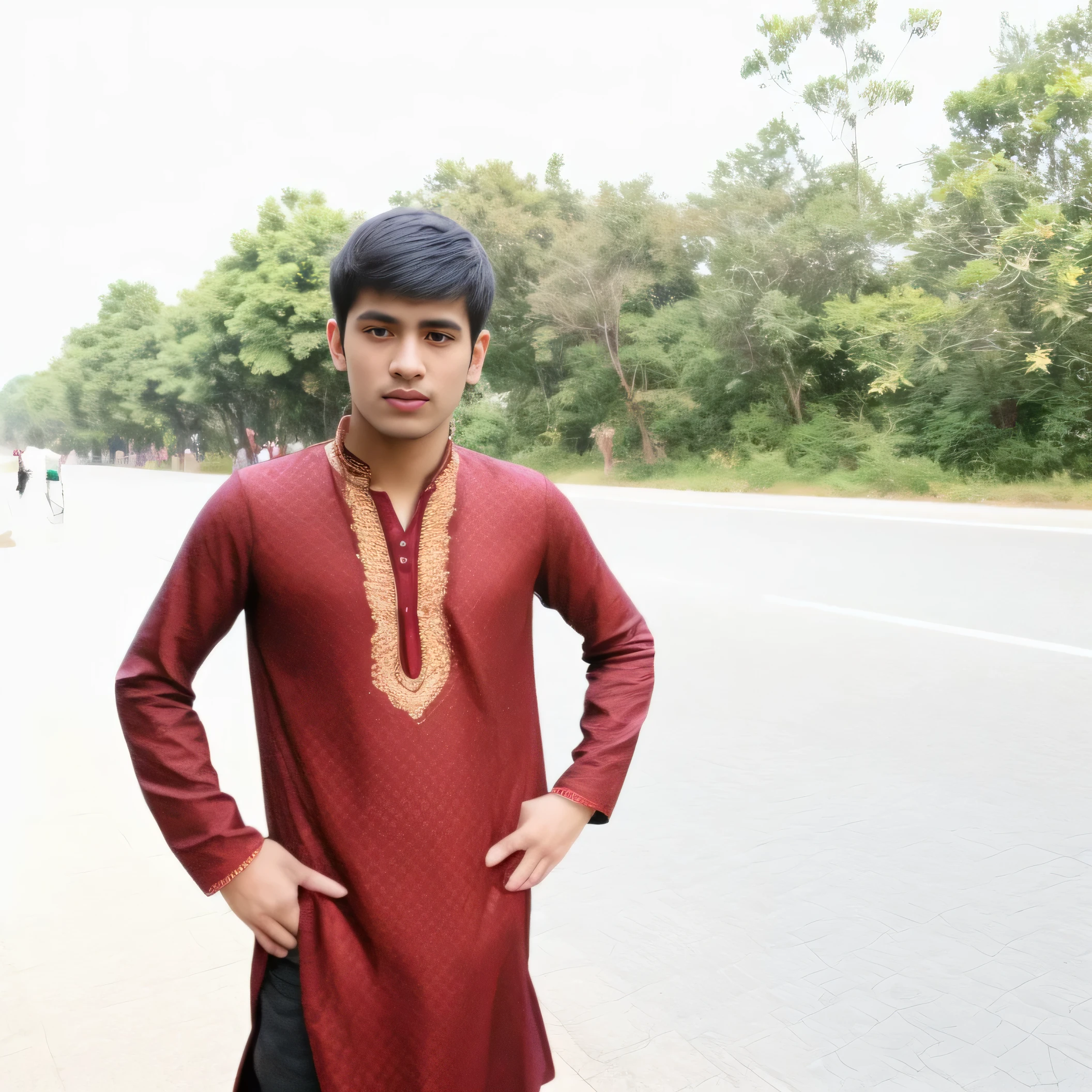 there is a man standing on the side of the road, wearing a kurta, wearing a silk kurta, indian, desi, with lovely look, handsome man, around 1 9 , standing in road, indian style, dressed with long fluent clothes, in city street, drake the rapper wearing a kurta, candid picture, wearing traditional garb