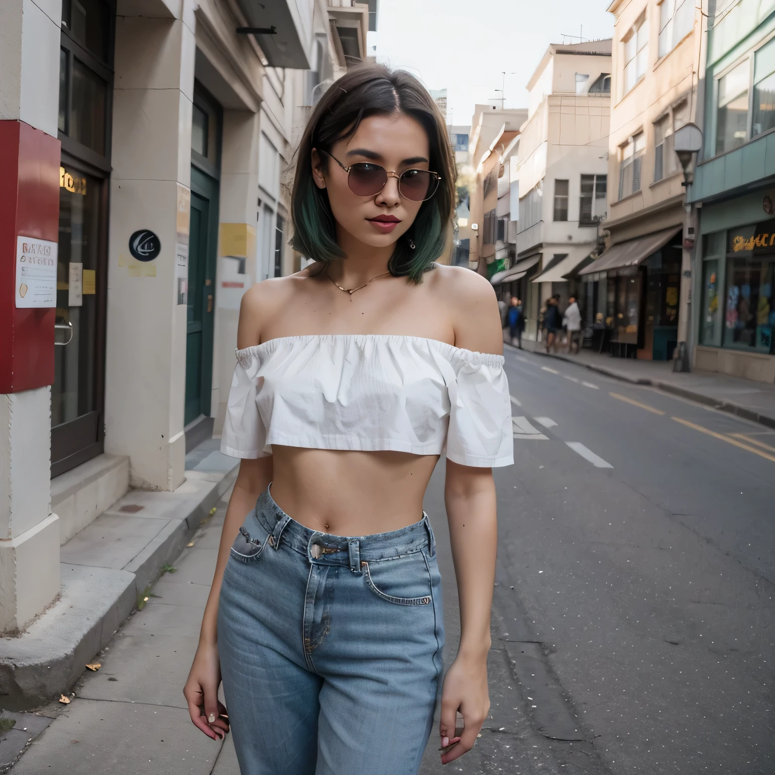 1girls, Nur, green Hair , 24 years old , She has slipped into a trendy off-the-shoulder crop top paired with high-waisted mom jeans and chunky sneakers. Completing the look with retro sunglasses and a mini backpack, she poses against colorful street art, striking confident and carefree poses. Her Instagram is a mix of urban vibes and laid-back coolness, showcasing her effortless style and attitude.
