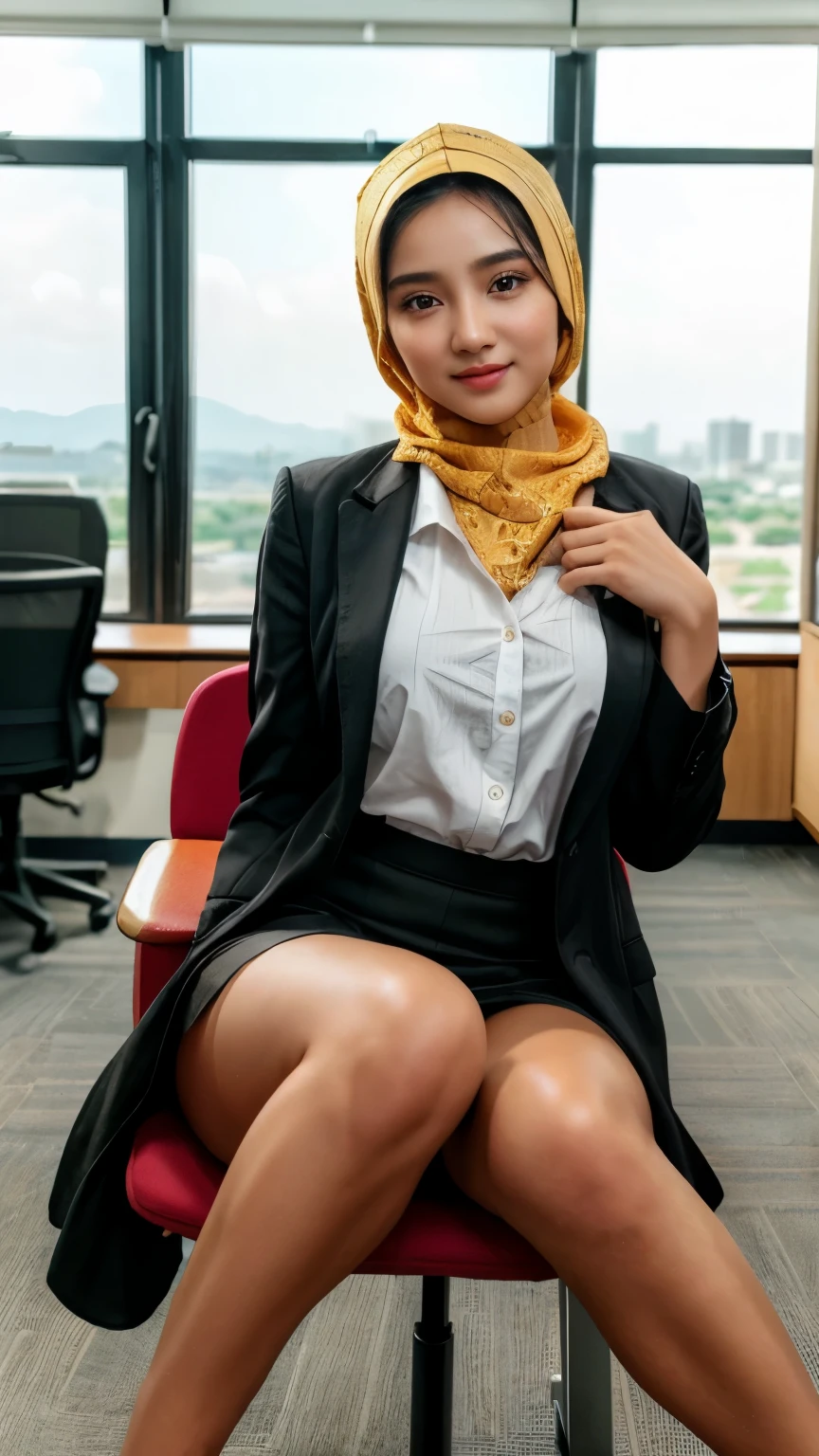 beautiful Indonesian girl,exotic beauty,cute face,sparkling brown eyes,model posture,vibrant colors,office,,graceful posture,,enchanting smile,[warm sunlight],astonishing details,(best quality,highres),(realistic:1.37),portrait,photography,, 20 years old, very skinny body,  trainee in the office, seducing the boss, wears ((luxury hijab)), wears ((black office blazer)) with ((lingeries)) inside, ((natural breast)) overflow the office blazer, wears very tight cotton office skirt,posing by sitting on the chair with underwear removed on the floor, eyes focusing on audience