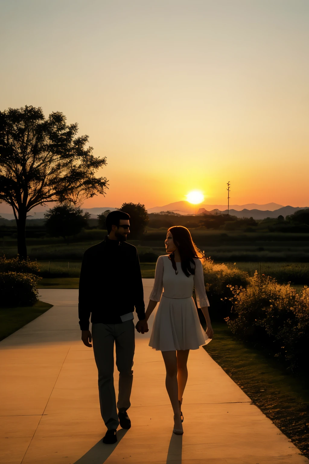 Lovers walking in sun set