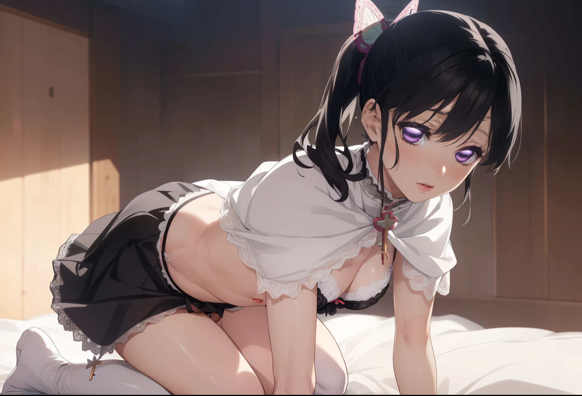 1boy in,Nsfw,(((1girl,1boy,sex,vaginal))),all fours,crawling,, kanao tsuyuri, black hair, butterfly design hair ornament, (purple eyes:1.1), side ponytail, cape, pleated black skirt, white cape,white knee high boots ,(((realistic white lace panties,white lace bra)),
,Looking at viewers ,masterpiece ,8k unity wallpaper,anime key visual,highest quality, High resolution, unity 8k wallpaper, (shape:0.8), highly detailed face,highly detailed eye,glowing eyes , shiny skin,fine skin,white skin,dense skin,detailed hair,highly detailed legs,perfect lighting, Detailed CG, (perfect hands, perfect anatomy),High resolution,anime key visual,Kyoto Animation,(Detailed wear ),slender limbs, delicate curves, dainty hands, tiny feet,figure:0.8, ,