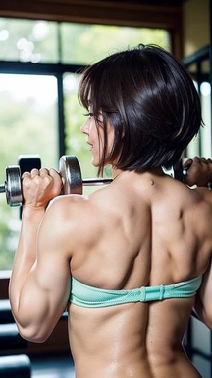 Japanese woman doing strength training. she50歳で、muscular and short hair。.she非常に持っています, A gentle smile and very cute eyes.big breasts.she汗ばんだ肌をしている。Dumbbells are lined up in the background.she、Have dumbbells.her bikini is so wet。Bra is out of place。The nipples are clearly visible。back view。vision.4k,HDR,Photoreal.