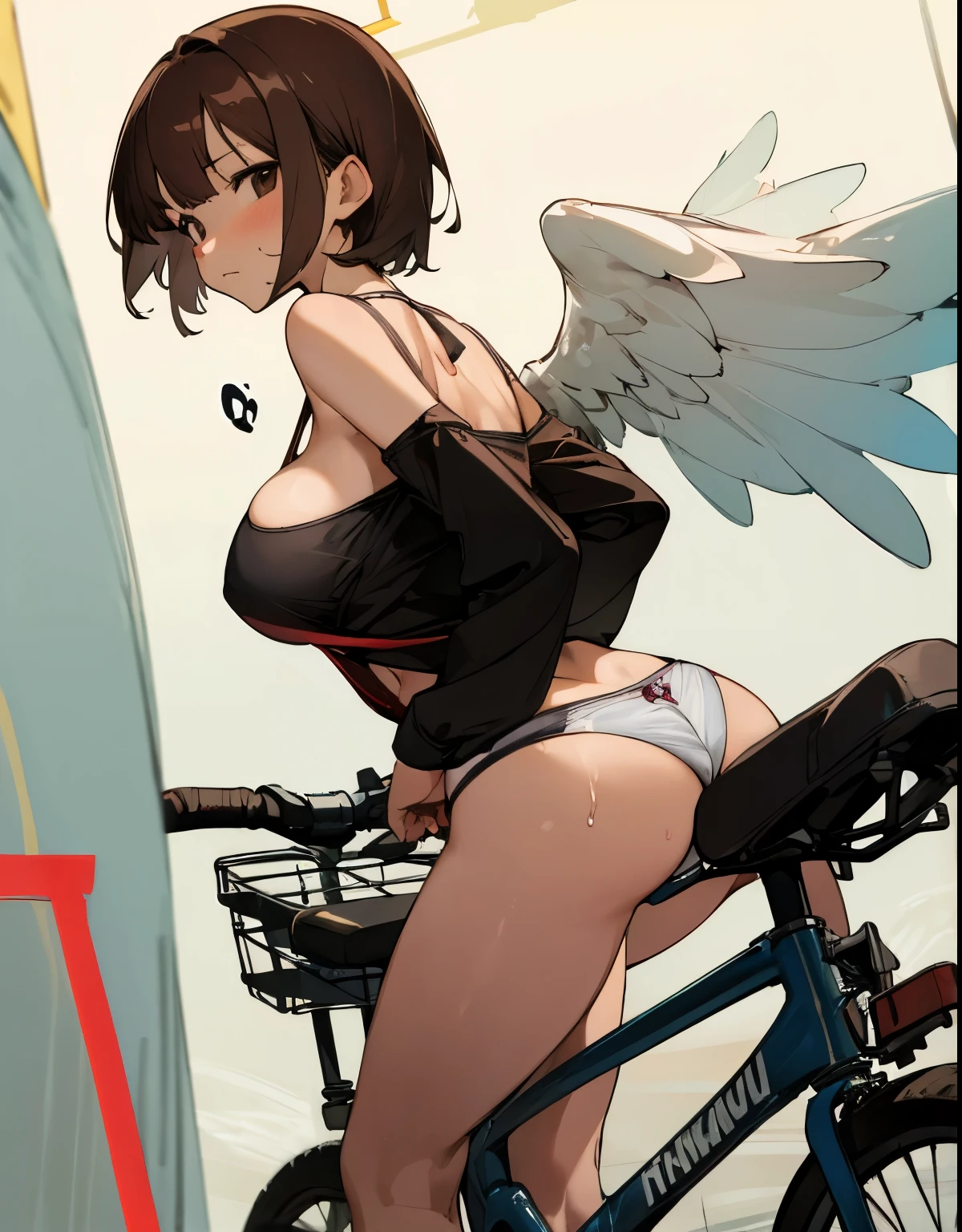 nsfw,(((masterpiece))), 1 girl, alone, looking at the viewer, short hair, brown hair, long sleeve, cleavage, closed mouth, clavicle, T-back、bikini, ground vehicle, play sports often, bicycle,(sexual fluid overflowing)、(angle from behind:1.5)、bicycleにまたがっている、huge breasts、wide waist width、taking off panties