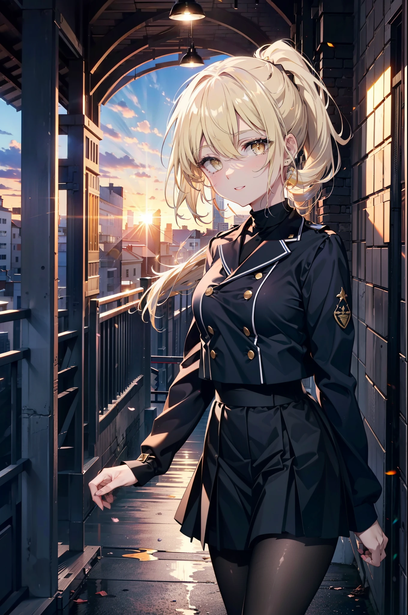 アイスWallenstein, Wallenstein, blonde hair, hair between eyes, hair band, long hair, (yellow eyes:1.5), ponytail,short braided hair,happy smile, smile, open your mouth,black sailor suit,black pleated skirt,black pantyhose,brown loafers,evening,sunset,break looking at viewer, break outdoors,city,building street, break (masterpiece:1.2), highest quality, High resolution, unity 8k wallpaper, (shape:0.8), (fine and beautiful eyes:1.6), highly detailed face, perfect lighting, Very detailed CG, (perfect hands, perfect anatomy),