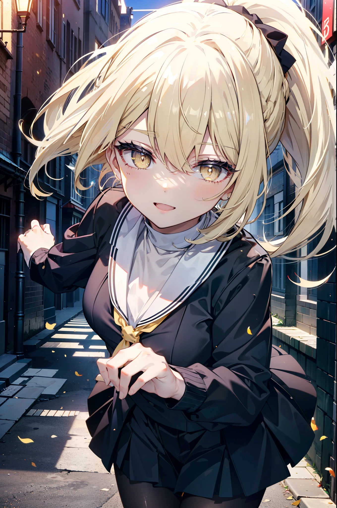 アイスWallenstein, Wallenstein, blonde hair, hair between eyes, hair band, long hair, (yellow eyes:1.5), ponytail,short braided hair,happy smile, smile, open your mouth,black sailor suit,black pleated skirt,black pantyhose,brown loafers,evening,sunset,break looking at viewer, break outdoors,city,building street, break (masterpiece:1.2), highest quality, High resolution, unity 8k wallpaper, (shape:0.8), (fine and beautiful eyes:1.6), highly detailed face, perfect lighting, Very detailed CG, (perfect hands, perfect anatomy),