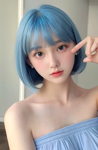 Super high quality、Realistic、beautiful girl、Light light blue hair、bob（does not reach the shoulder）、Has light bangs、round face、18-year-old、Big black eyes、delicate、Small breasts are visible、Pointing your body at the camera