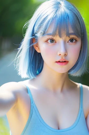 8K, Raw photo, Photorealistic, (Detailed skin, Best Quality:1.2), ((blue lace bra, blue G-string panties)), (((small chest:1.3))), ((Japanese college girl flying in the sky)), (Baby face, parted lips, Fairer skin), (white short hair:1.3, short bangs), thighs, floating above clouds, blue sky, clouds, full body shot, (low angle shot)