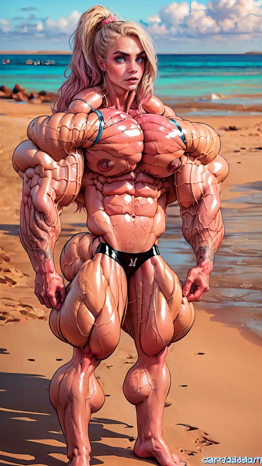 (1 girl:1.25), (cara delevingne:1.25), (a photo of a bodybuilder girl wearing latex panties on the beach:1.25), (long pink hair:1.25), (huge upper body:1.25), (wide shoulders:1.45), (huge muscular arms:1.25,) (10-pack abs:1.25), (skinny legs), Realistic, Very detailed face and eyes, masterpiece