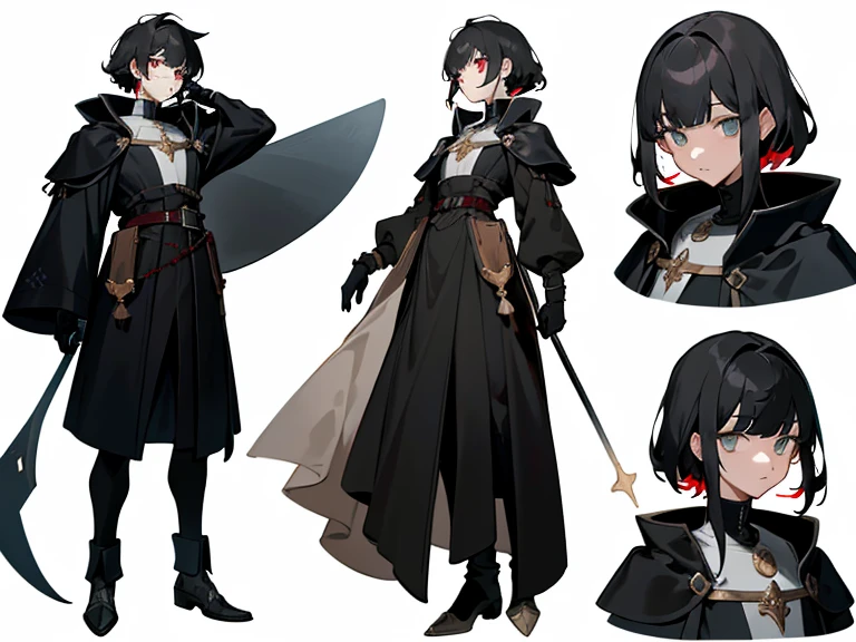 masterpiece: 1.6, Best quality: 1.4, live image: 1.2, complex parts: 1.2, charternerv2: 1.2, complete body character change,
Appearance: ruby eyes, detailed eyes, quality eyes,
Cloth: black medieval tunic, black gloves, heavy black coat, draped over shoulders,
accessories: simple hoop earrings,
hair: unruly short gray-black hair, with bangs just below the hair,
(single background, White background: 1.3), several views, several views of the same character in the same outfit: 1.3.
