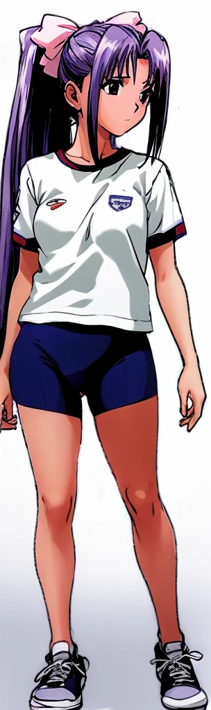 Momoko Koigakubo, a tall girl with beautiful legs, is wearing white gym clothes and light navy blue bloomers that look like panties. She stands there with her legs spread to the sides and her mouth open, with a stunned expression on her face.。Doing Comanechi pose。blush。