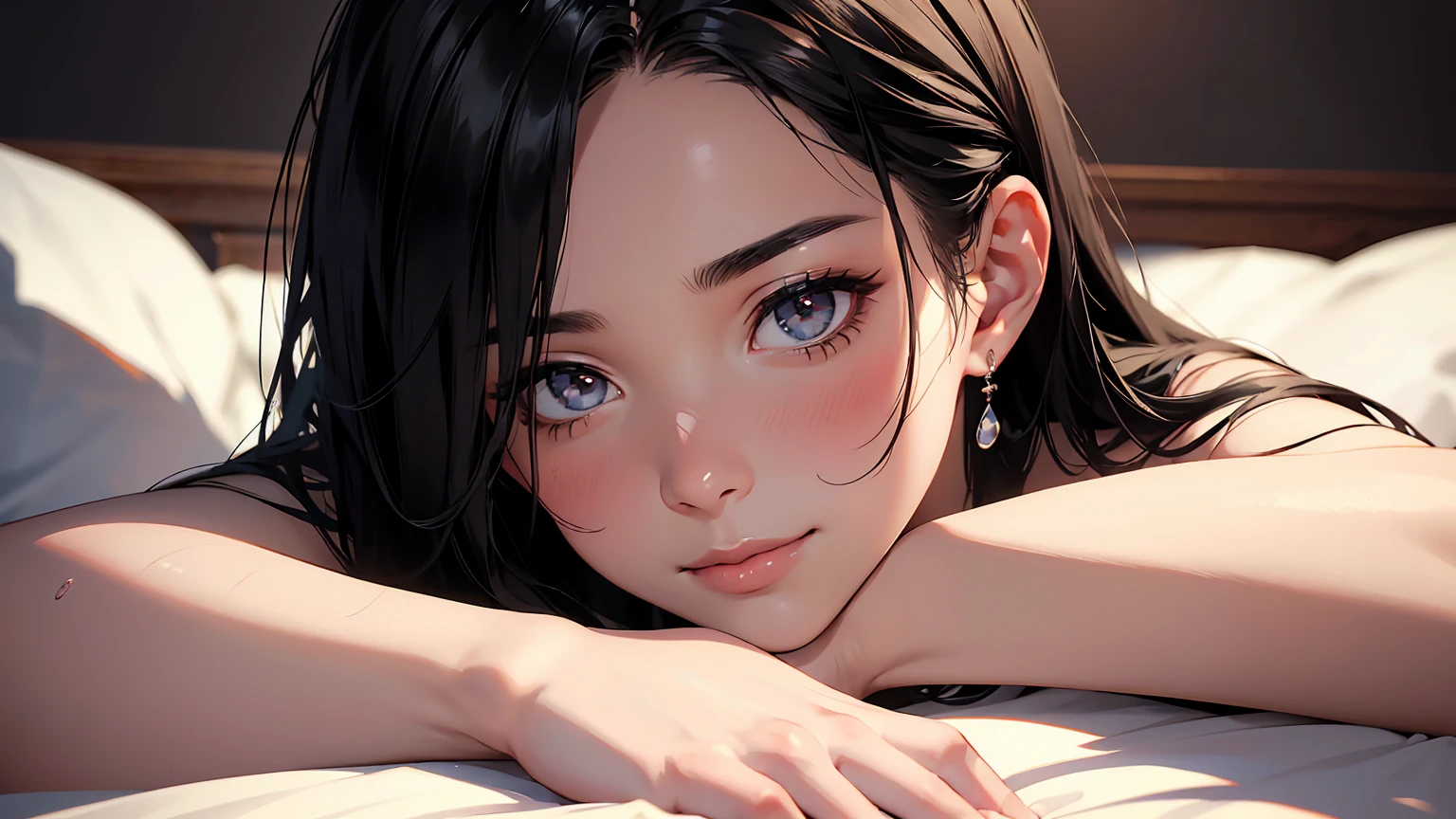 highly detailed, (SFW), portrait, 1 woman,  black hair, nude, (perfect_Face), boundary, close up, mad, exist_Back, Gorgeous, complex, dramatic lighting, detailed_Background, full_Body, Best hair quality, Extra super detailed eyes, Extra high facial detail, side_body, eye reflection, focus on eyes, detailed top eyelashes, high textured skin, (low exposure:1.2), in bed, (after doing something:1.4), (sweat), (steam), (tired), heavy breathing, Smile, (light blush), temptation, flirtatious, atmospheric perspective, caustics, 8K, masterpiece