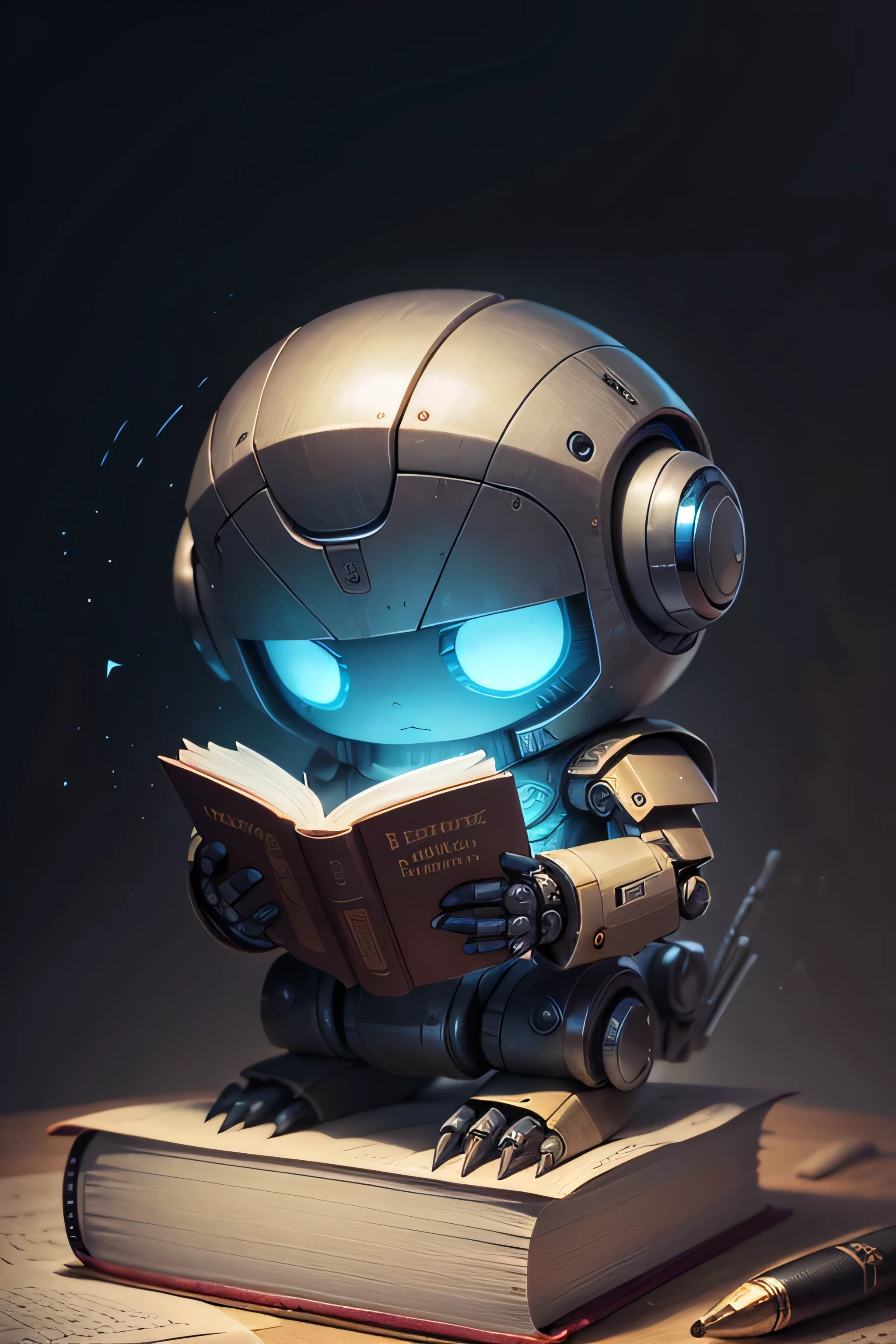 Create a realistic humanoid robot holding a book