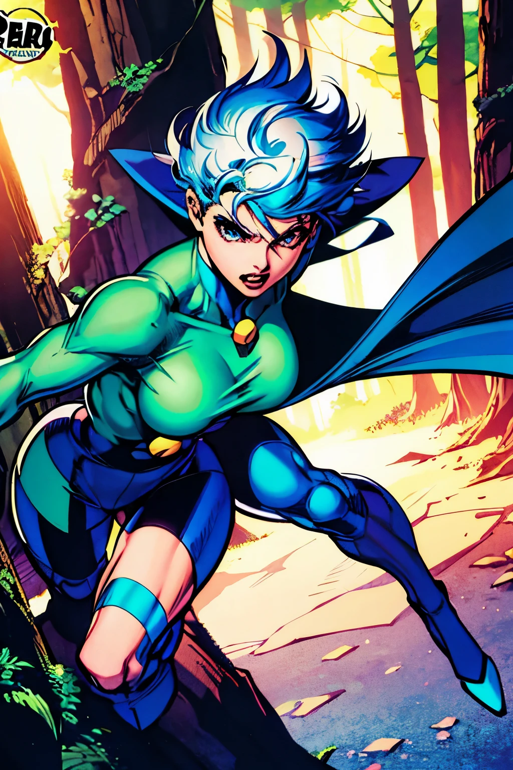 Comics cover : super hero girl with a mask, blue hair, green costume, power of leaf and tree, forest, cape, 3D, powerfull